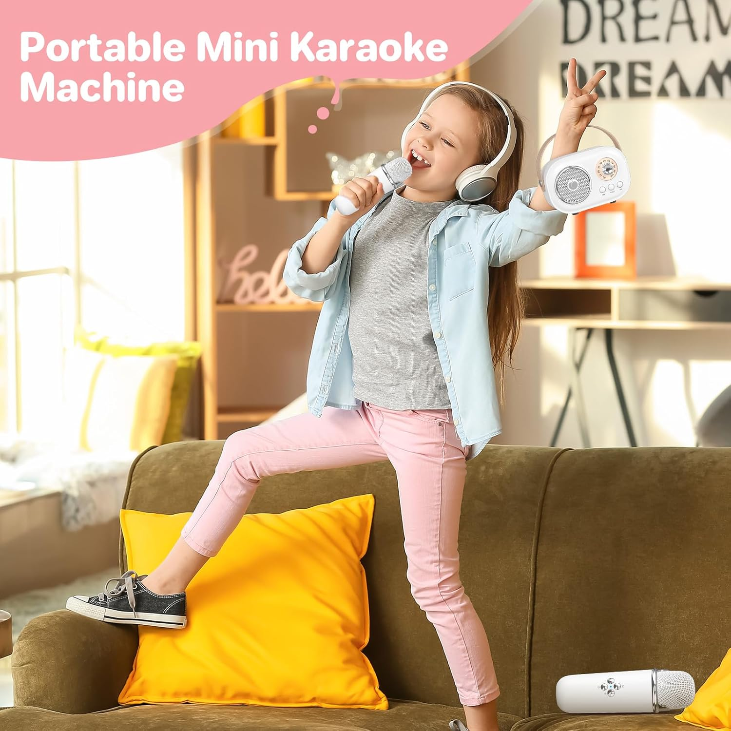 Mini Karaoke Machine for Kids Adults,Portable Bluetooth Speaker with 2 Wireless Microphones, Gifts Toys for Girls 3, 4, 5, 6, 7, 8+ Years Old Toddler Teens Birthday Family Home Party (White)