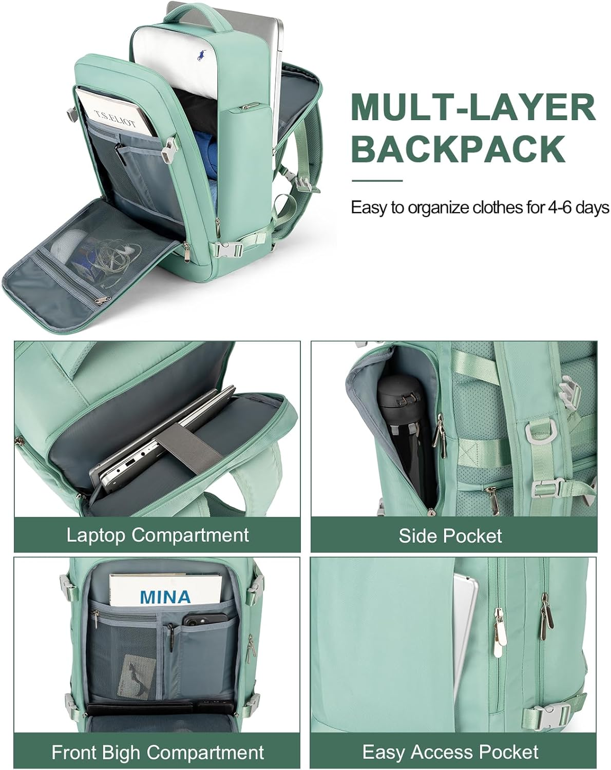 Large Travel Backpack for Women Men, Personal Item Airline Approved,17 Inch Backpack for Travel - Blue image number 5