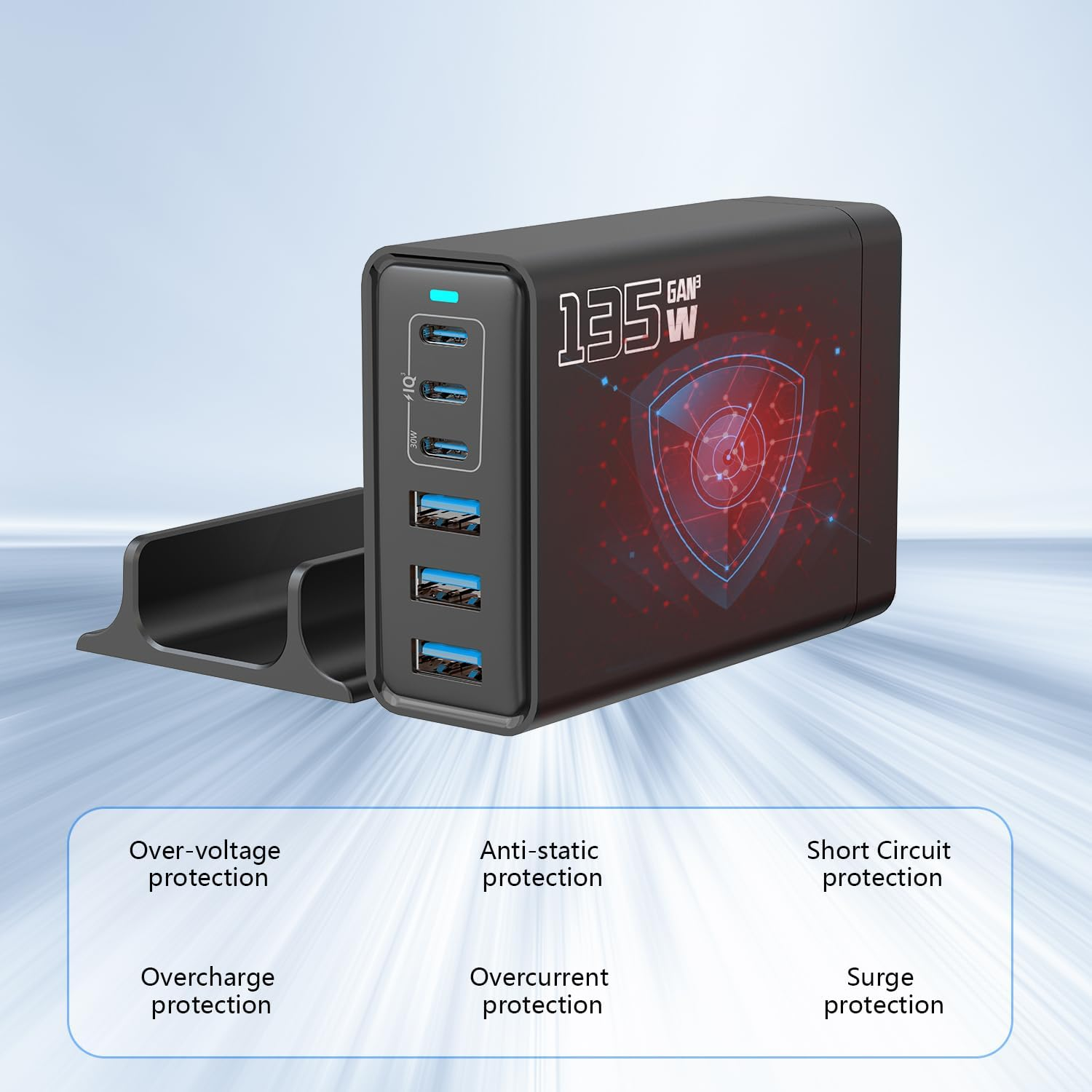 USB-C Fast Charger, 135W Portable Gan 6-Ports Charging Station, PD 20W Charging Block, Multi Port Charer Hub Suitable for Laptops, Iphone,Ipad, Samsung, Google, Xiaomi, Huawei and Other USB Devices image number 2