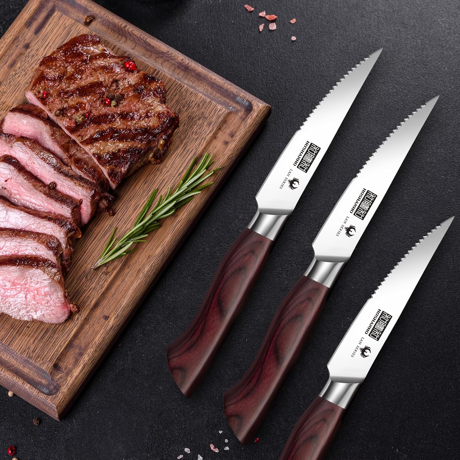 HOSHANHO Meat Knives Set 8 Pieces, Table Serrated Knives 11.2 Cm, Professional Steak Knives High Carbon Stainless Steel Steak Knife with Ergonomic Wooden Handle image number 1