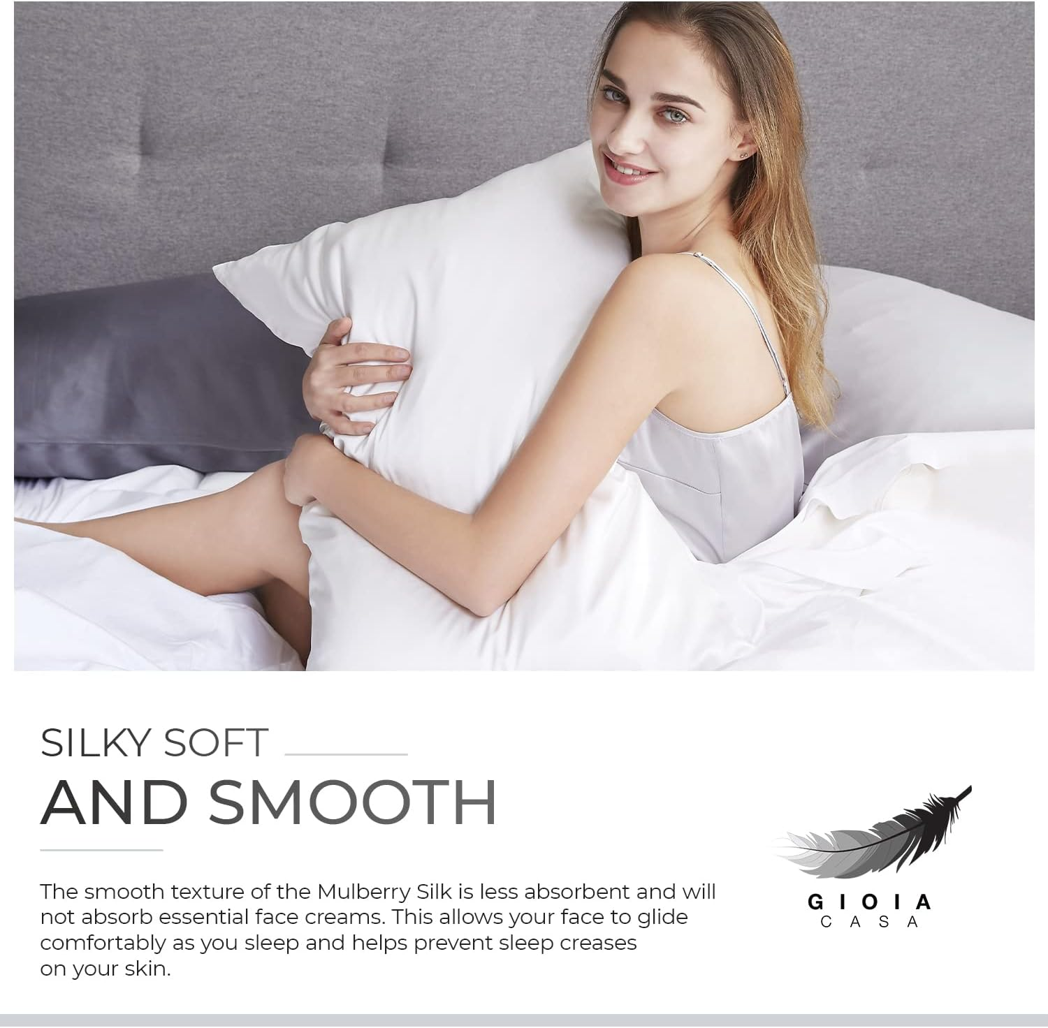 Gioia Casa Luxury Pillowcase - 100% Pure Mulberry Silk on Both Sides - Soft anti Wrinkle, Hypoallergenic, Washable Bed Pillowcases - Premium Pillow Cover That Protects Your Hair and Skin - White - Black image number 6