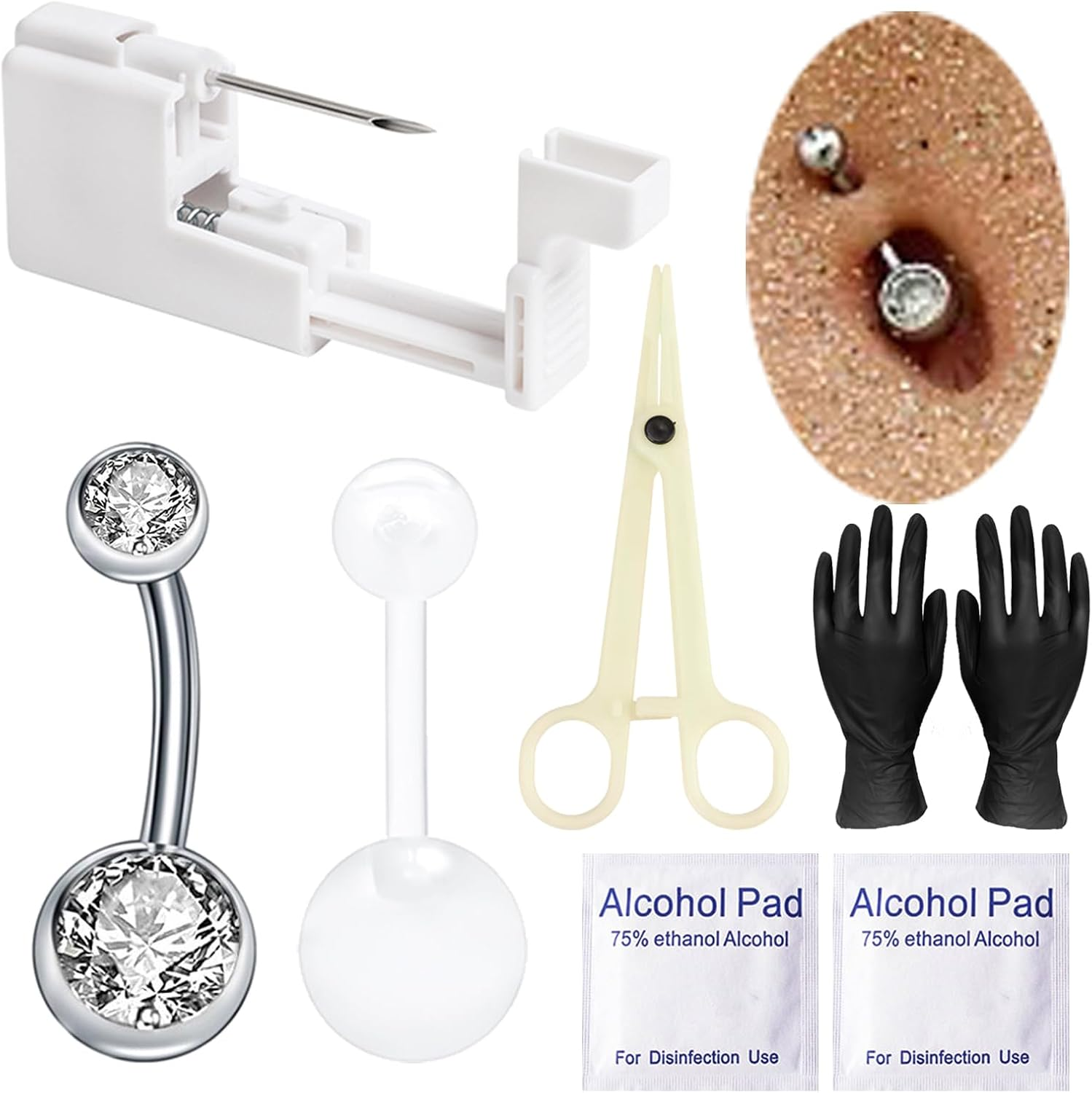 Belly Button Piercing Kit - Lip Navel Dermal Nipple Self Piercing Gun Professional Tools with Hollow Needle Studs Piercer Clamps at Home