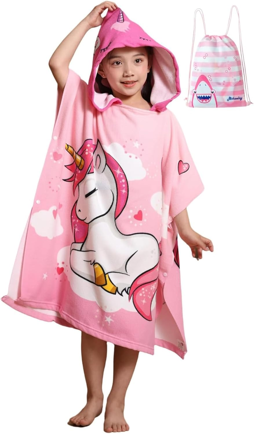 Kids Hooded Poncho Towel - Unicorn Bath Beach Cover-Up for Girls Age 3-8, Soft Microfiber Swim Towel with Snap Closure (75Cm X 150Cm, 350G)