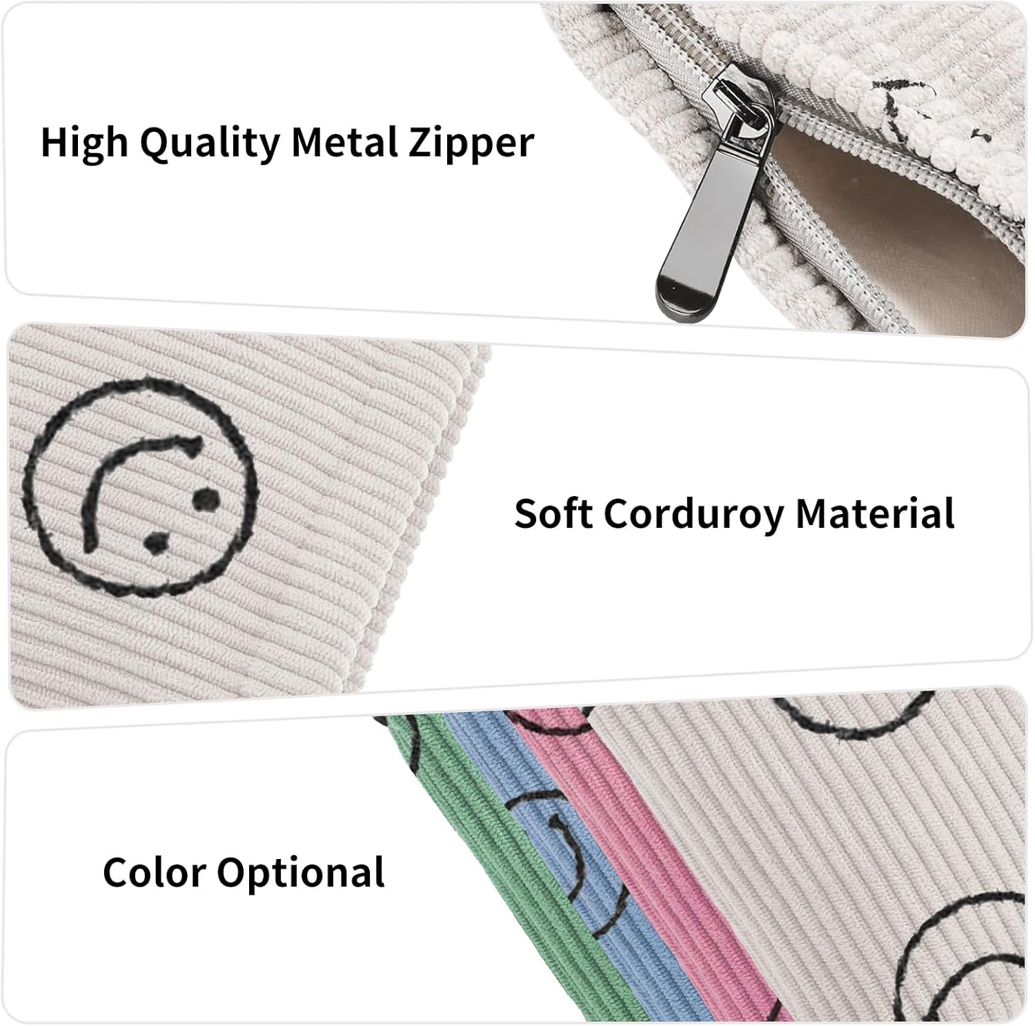 Teircno 2 PCS Preppy Corduroy Period Bag for Women, Cute Smiley Face Sanitary Napkin Storage Bag Portable Period Pouch with Zipper, Sanitary Pads Bag Tampons Holder for Purse First Period - White+Green image number 3