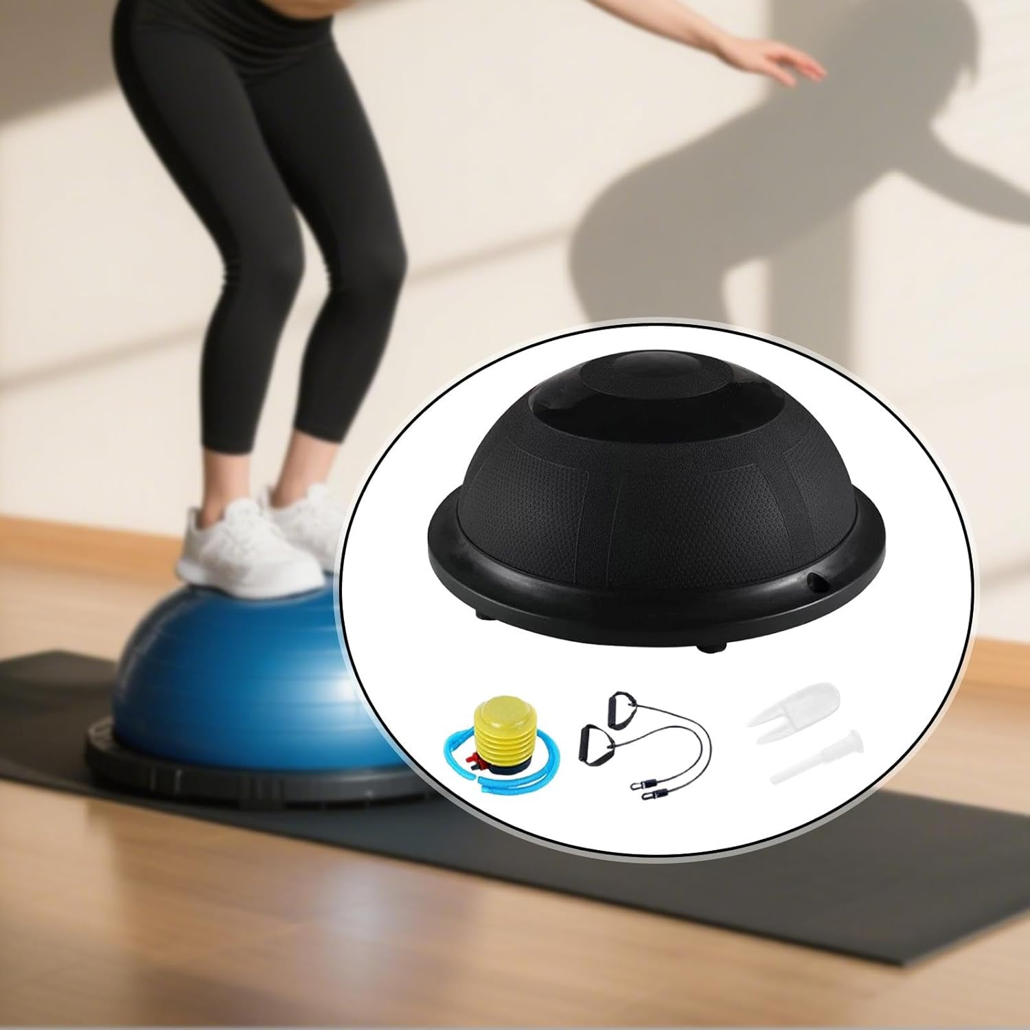 Oshhni Balance Ball Half Exercise Ball anti Slip Balance Training with Resistance Bands and Pump for Full Body Workouts - Black image number 4