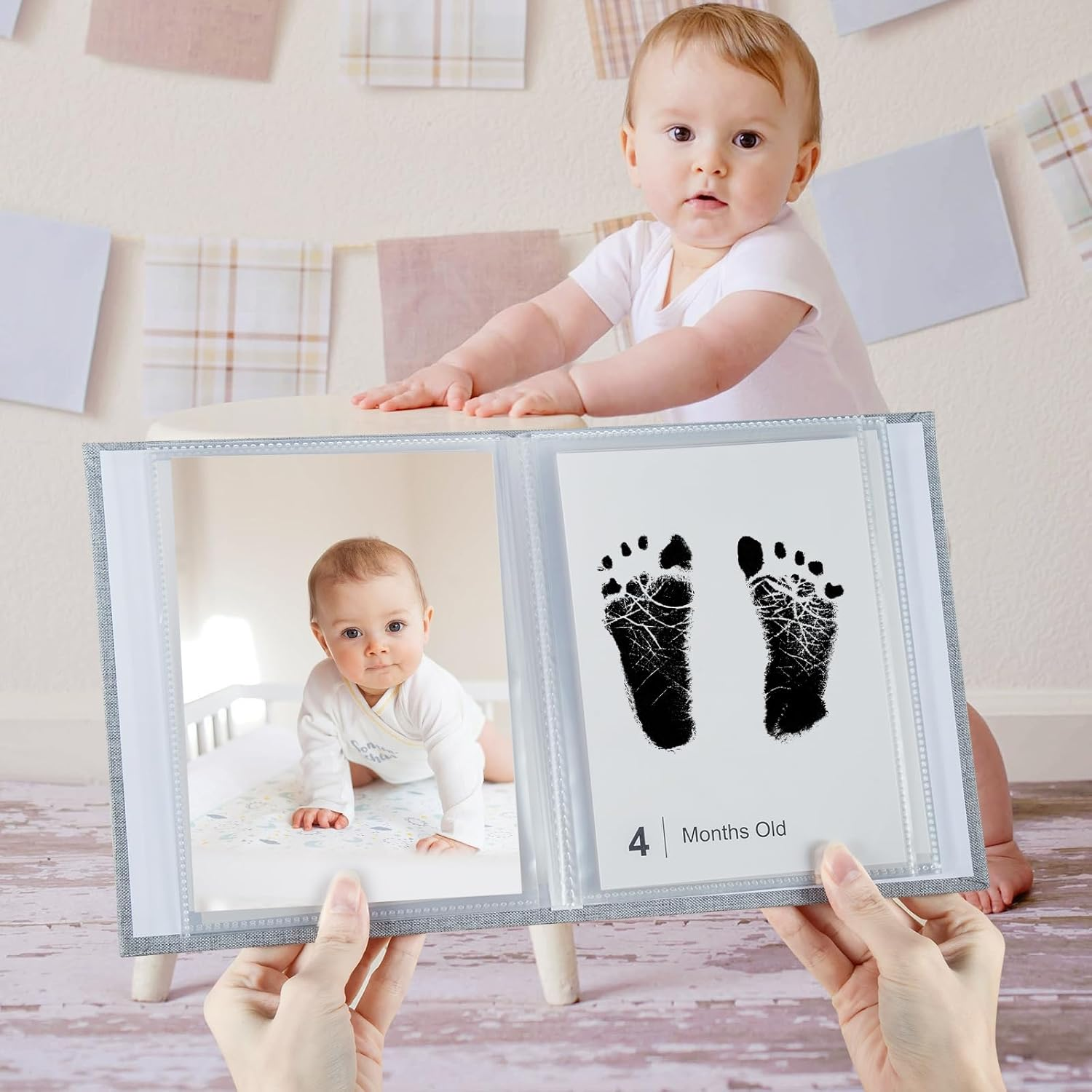 Baby Inkless Milestone Cards Photo Album&ndash;Clear Pages, Linen Cover with Front Window, Small Brag Book Photo Album for Kids, Portable Baby Photo Albums, Newborn Baby Keepsake Gifts image number 5