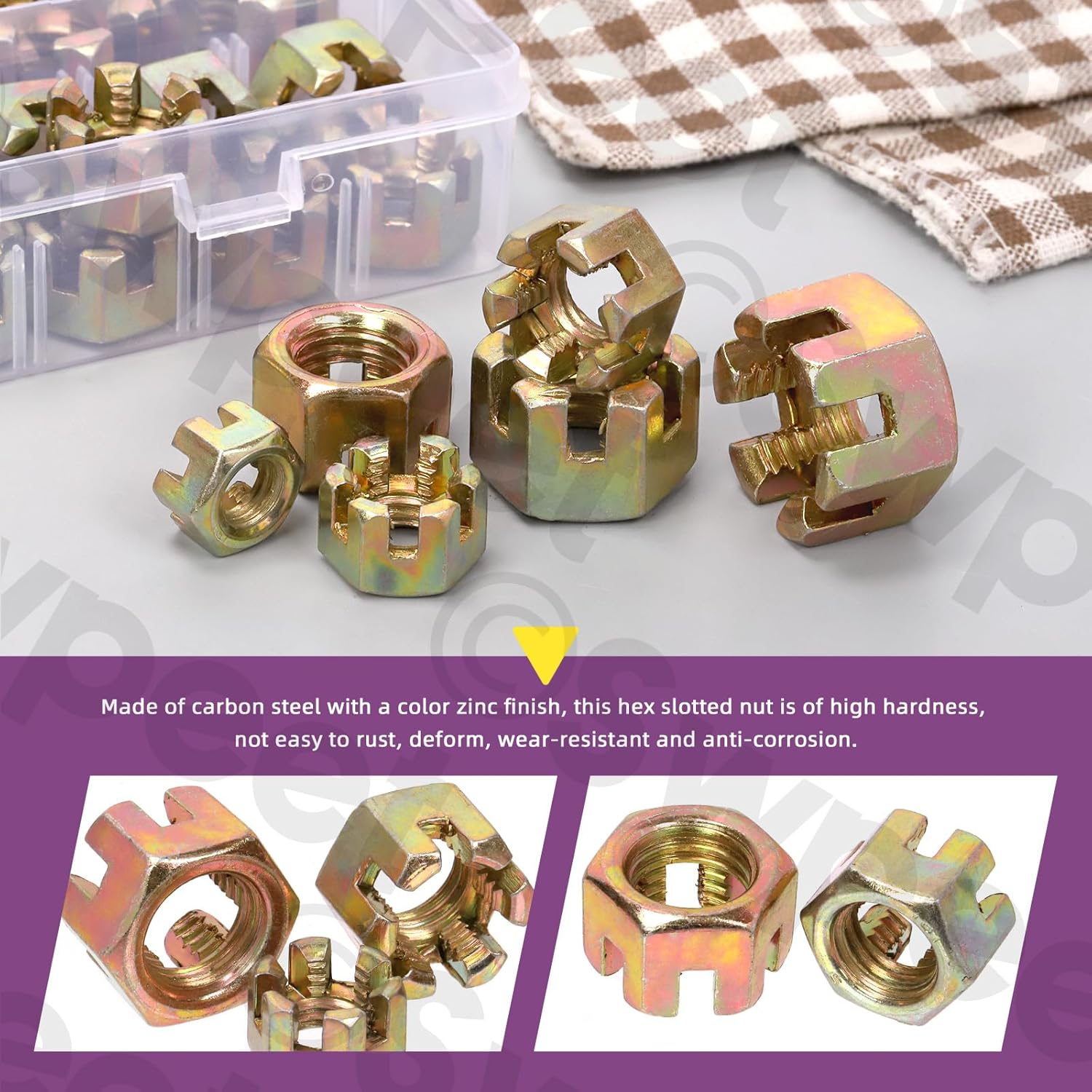 Swpeet 60Pcs 6 Sizes Color Zinc Grade 4.8 Carbon Steel M10 M12 M14 M16 M18 Hexagon Slotted Nuts Assortment Kit, Hex Castle Nuts Hex Nuts for Moto Car Furniture Fasteners Repair image number 2