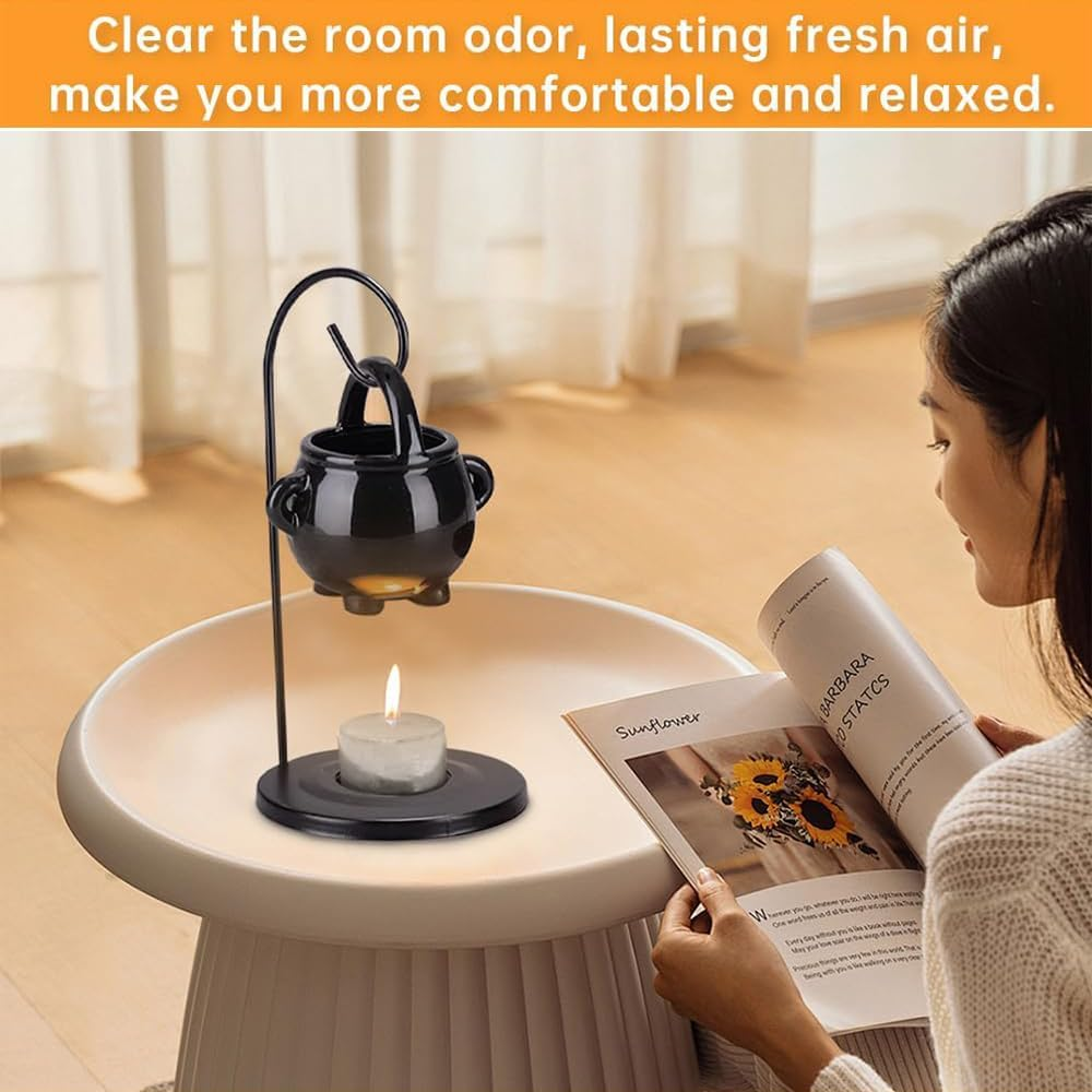 Hanging Cauldron Wax Melt Burner &ndash; Ceramic Witch Cauldron Oil Burner & Candle Holder for Essential Oils, Wax Melts & Incense, Gothic Pagan Wiccan Decor for Home, Rituals & Meditation