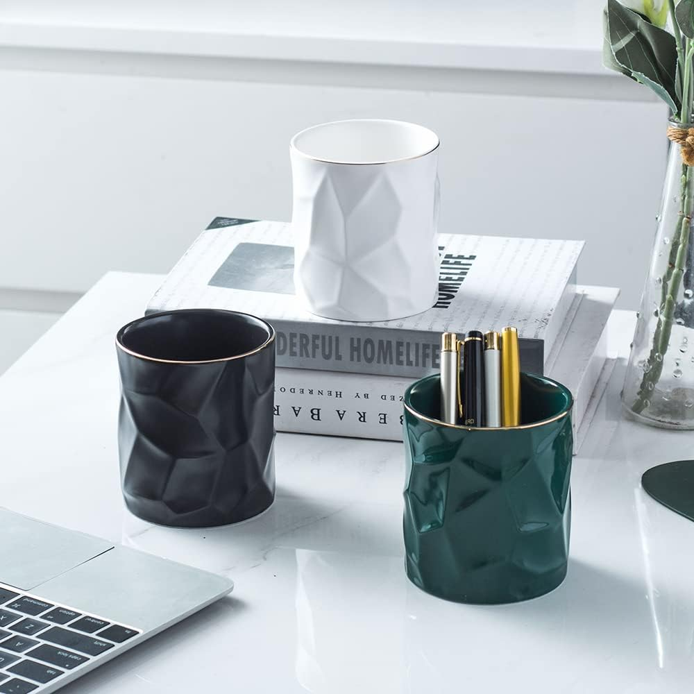 YOSCO Ceramic Irregular round Pen Holder for Desk Cute Stand Gold Line Aesthetic Pencil Cup Pot Desk Organizer for Men Women Makeup Brush Holder (Black) - Black,Gold image number 3