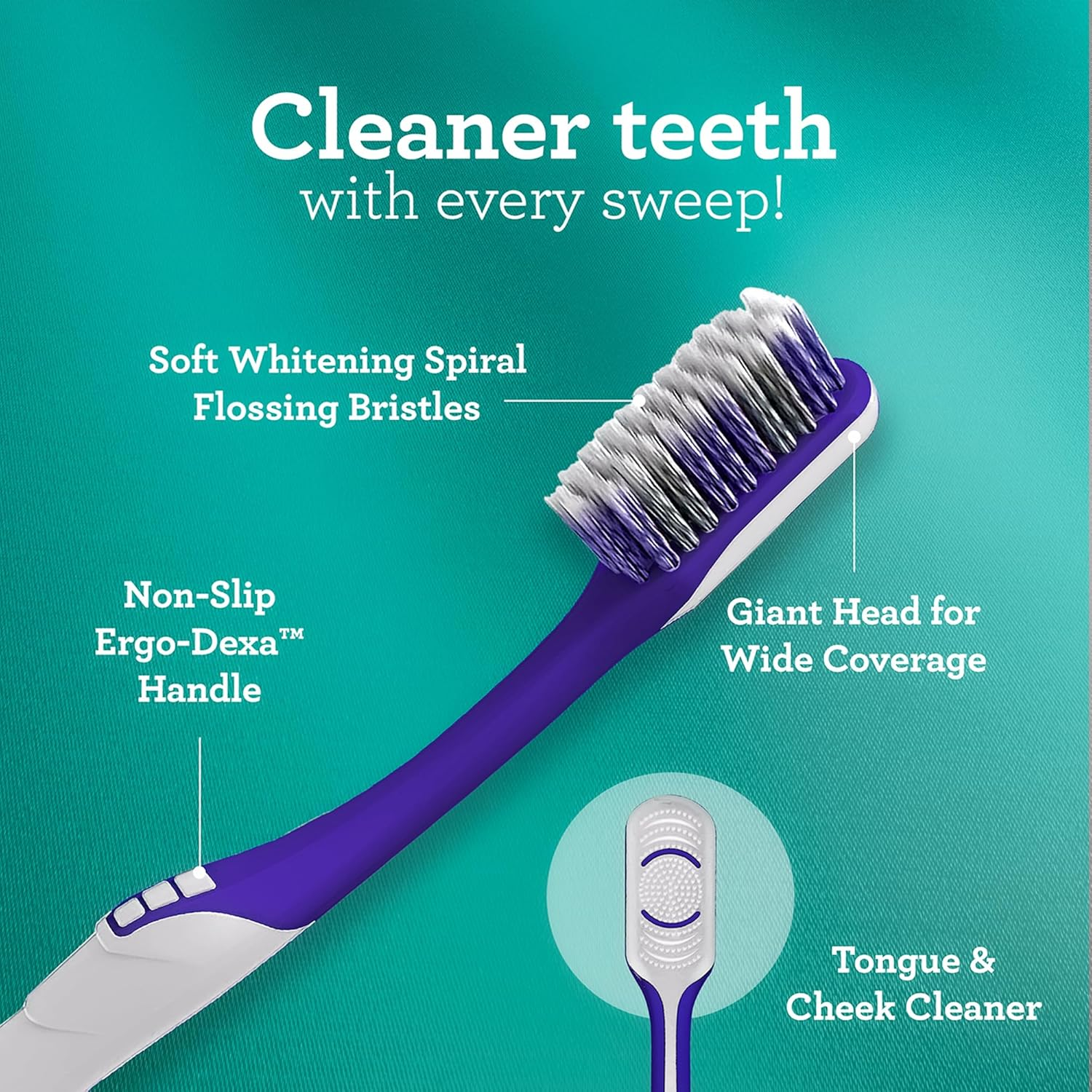 Gurunanda Gentle Giant Toothbrush with Dual Action Flossing Spiral Bristles, Non-Slip Ergo Dexa Grip, Helps in Teeth Whitening, BPA Free, (1 Count)
