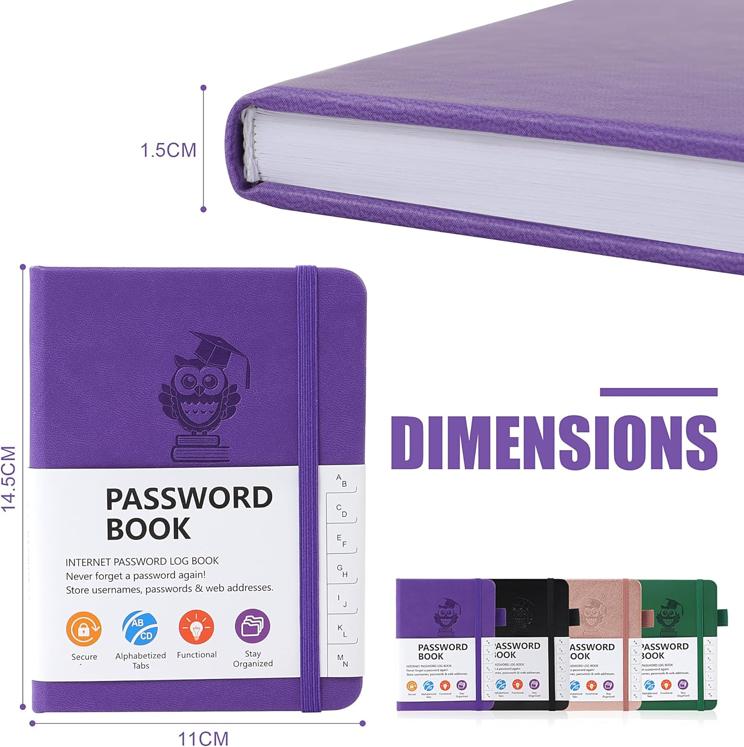 JUNART 4Colors A6 Password Book with Alphabetical Tabs and Elastic Pen Loop, PU Leather Cover, Secure Organizer for Home, Office and Travel（Purple） - Purple image number 6
