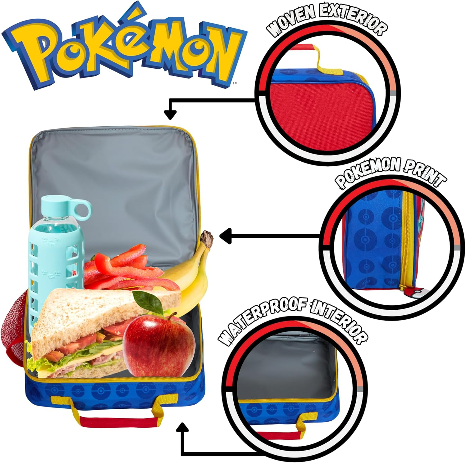 Pokemon Lunch Bag for Kids Pikachu School Insulated Luchbox with Bottle Holder, Red, One Size, Book Bag image number 2
