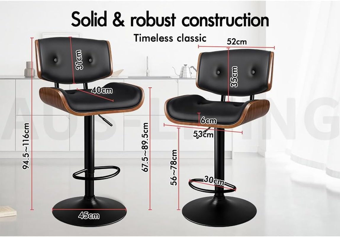 ALFORDSON Bar Stools, 2 Pcs Kayla Swivel Counter Barstool with Anti-Slip Floor Protector, Adjustable Kitchen Stool, Wooden Dining Chair in 62.5-84Cm Seat Height for Home Bar Dining Room image number 3