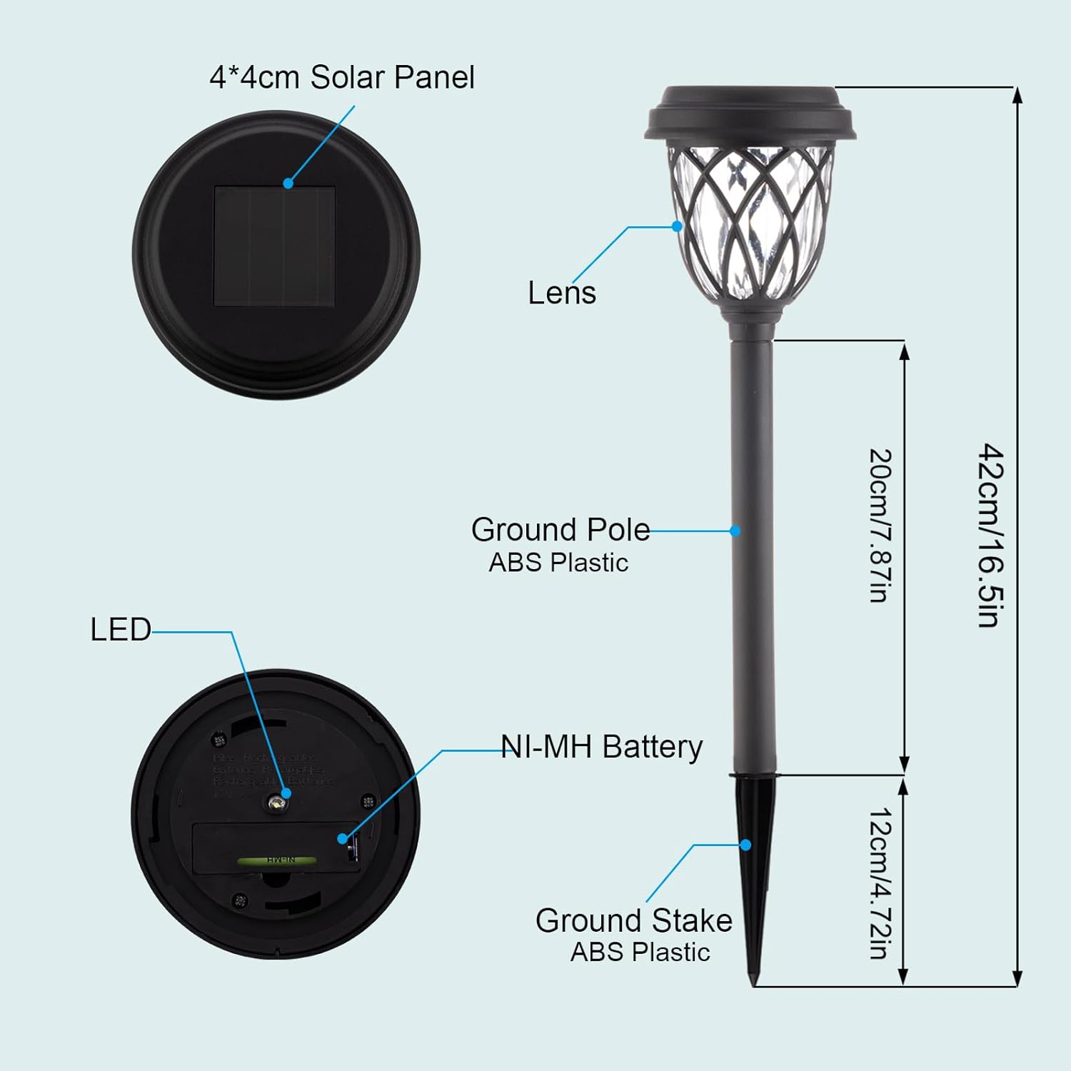 Zarek 6 Pack Solar Pathway Lights, Outdoor White LED, IP44 Waterproof, 16.5In, 6 Hours Lighting, Black, Solar Garden Lights image number 3