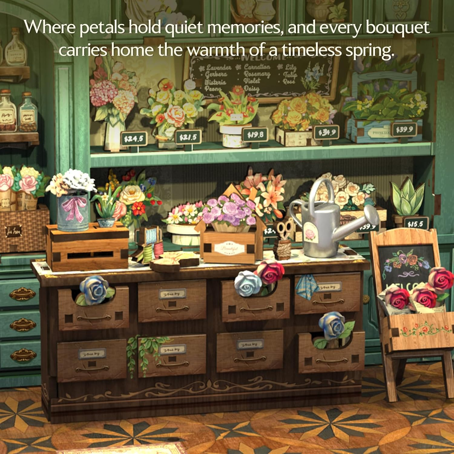 CUTEBEE Book Nook Kit - DIY Miniature House Dollhouse Kit for Adults and Teens, 3D Wooden Puzzle Tiny House Bookshelf Decor with LED Light for Family, Friends (Blossom Florists) image number 6