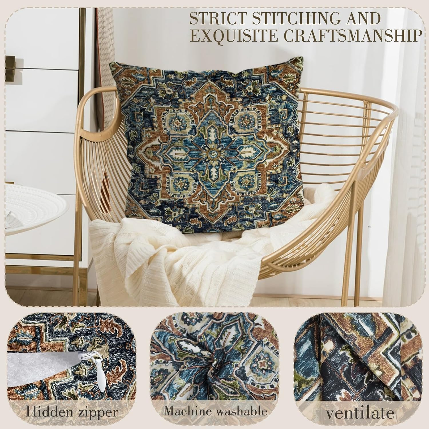 EDTOY Boho Throw Pillow Covers 16X16 Inch Set of 2,Boho Vintage Carpet Pattern Antique Ethnic Decor Double Sided Pattern Cushion Cover Soft Pillow Case Living Sofa Room Bed Square Pillow Cover image number 3