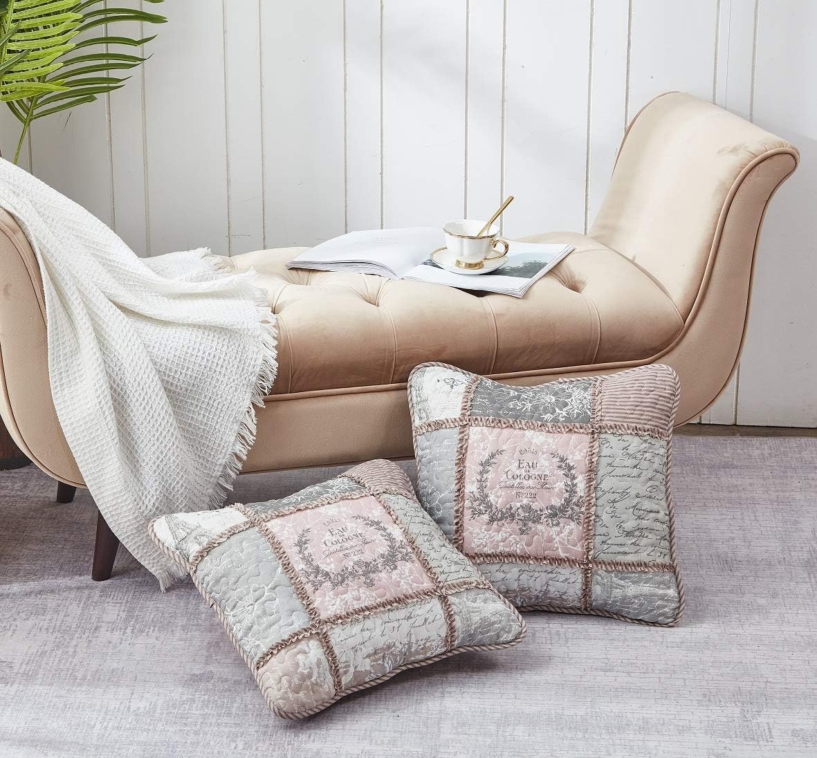 Brilliant Sunshine Latte Grey Paris and Toile Floral Patchwork Ruffle Pillowshams, Quilted Decorative Pillow Covers Set, Square Throw Cushion Cases for Couch, Chair, Bed, 18X18,Pack of 2, Latte Grey image number 6