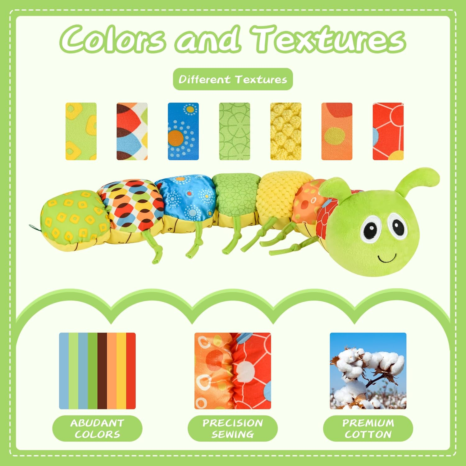 Baby Sensory Toy Stuffed Animal Activity Soft Toys with Multi-Sensory Crinkle, Rattle and Textures, Infant Toy for Tummy Time Newborn 0-3-6-12 Months Boys Girls, Caterpillar