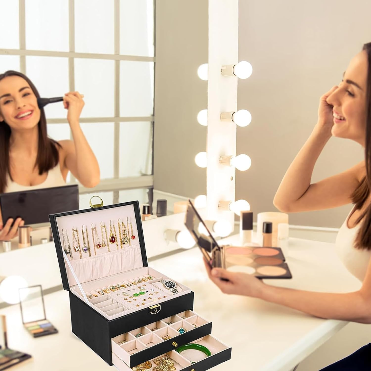 Jewelry Box for Women, Jewelry Organizer Box with Lock, 3-Layer (Black) image number 6