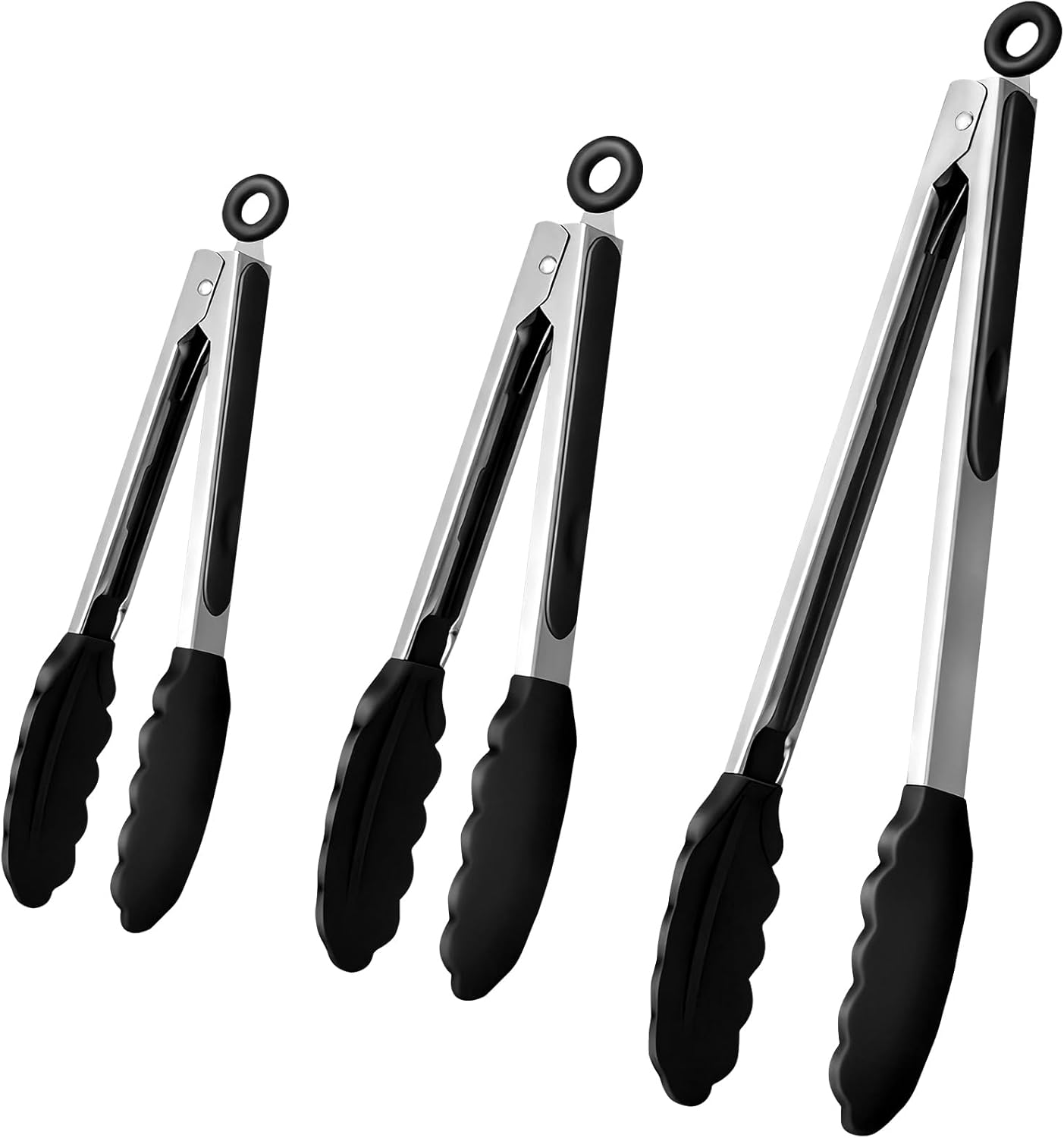 Silicone Tongs Set of 3, Stainless Steel Kitchen Tongs 18/23/30 Cm with Non-Stick Tips, Heat Resistant Cooking Utensils for Grill BBQ Frying Salad Serving (Black) image number 3