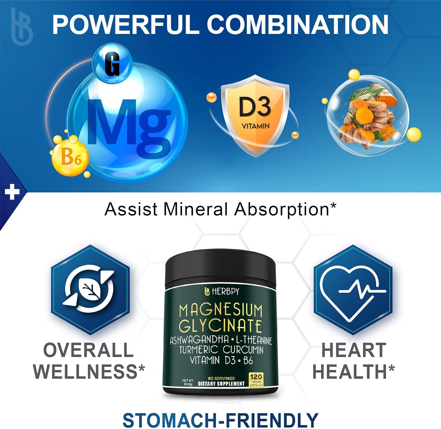 Herbpy 6In1 Restful Day and Night Supplement with Magnesium Glycinate, Vitamin D3, B6, L-Theanine, Ashwagandha and Turmeric Root - Brain, Heart and Digestive Health Support - 120 Vegan Capsules