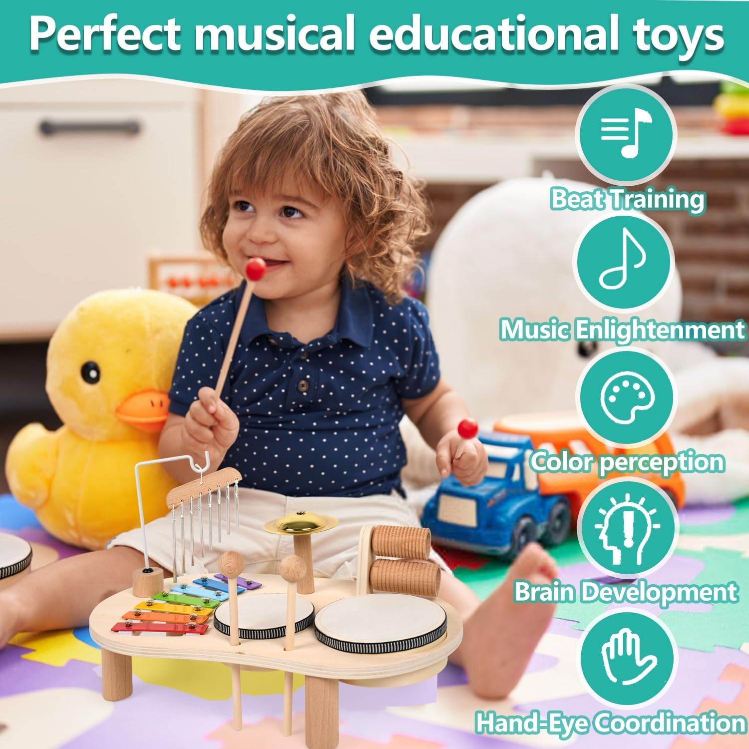 Baby Musical Instruments Toys Kids Drum Set for Toddlers Baby Music Instruments 7 in 1 Montessori Preschool Musical Toys Children Drum Kit Xylophone Tambourine Birthday Gifts for Boys and Girls image number 1