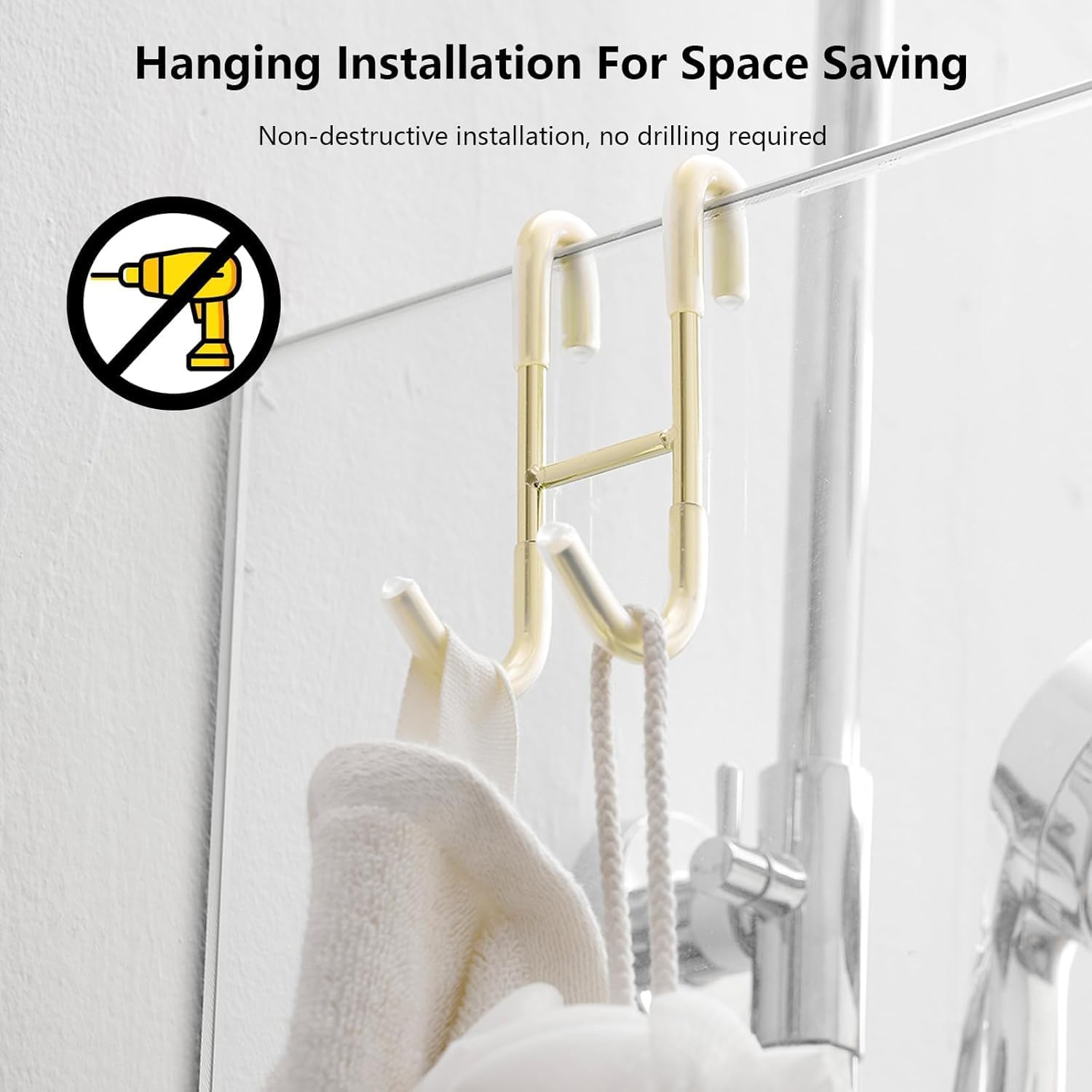 Over Shower Glass Door Hook, 2 Pack 304 Stainless Steel Extended Shower Door Hooks, Bathroom Frameless Drilling-Free Hanger, Double Side Towel Hooks, for Bathing Suits, Robe, Loofah, Shaver (Gold) - Gold image number 5