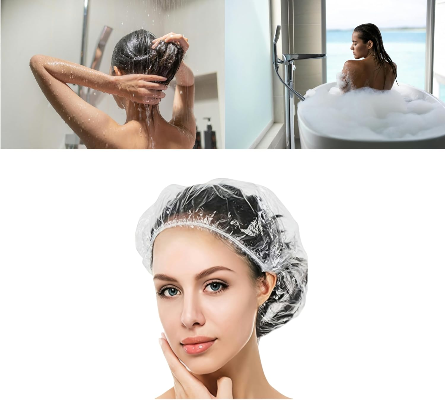 50 PCS Disposable Shower Caps,Large Thick Clear Waterproof Plastic Hair Covers for Women & Kids,Elastic Travel Spa Bath Caps for Hotel, Home, Salon Use (50 White) image number 4