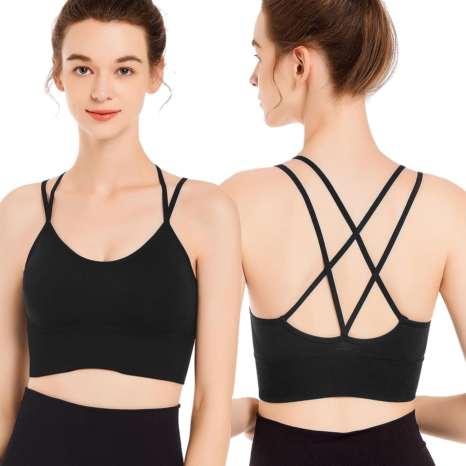 FUIPVGI Women Sports Bra Removable Pads, Seamless Comfort Women'S Strappy Back Sports Bra Athletic Wireless Wrap Chest Crop Top for Fitness Workout Exercise Yoga (Black,M)