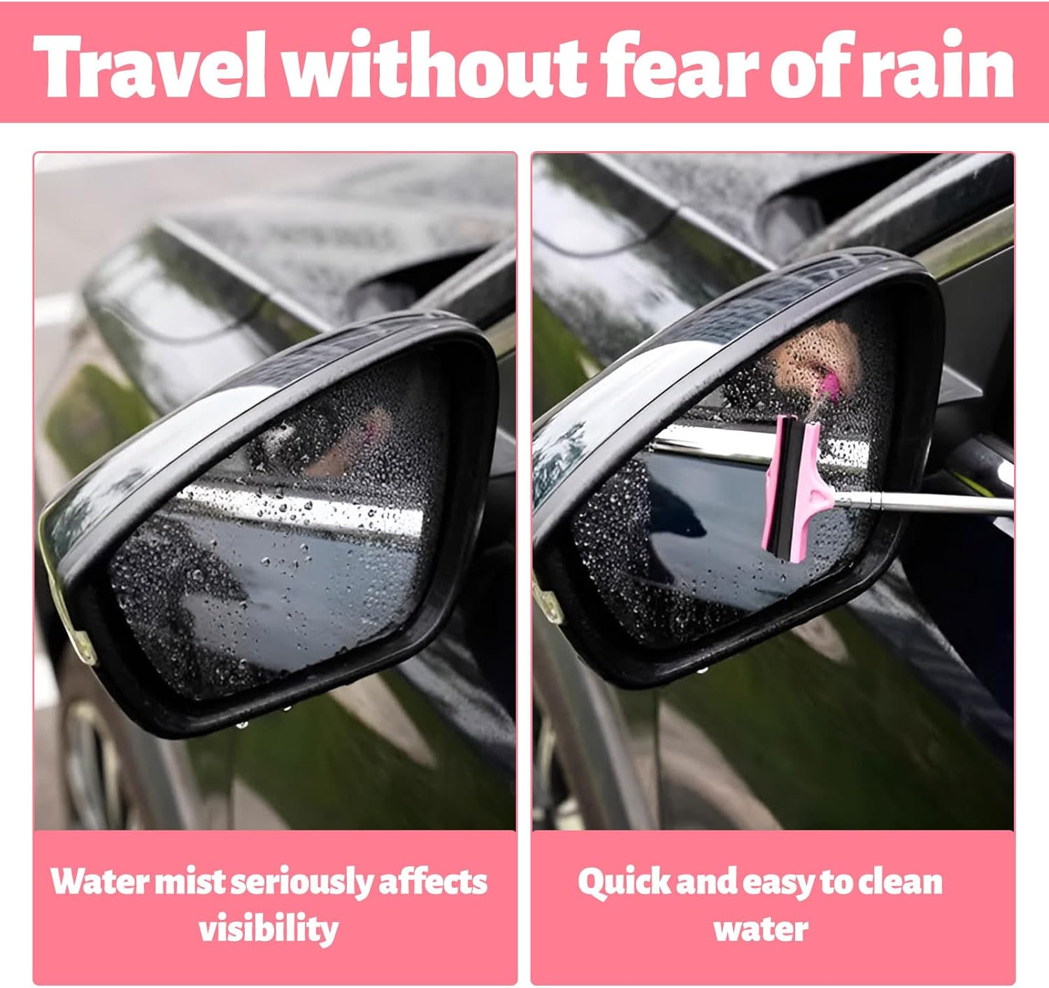 Wing Mirror Squeegee,2 PCS Car Side Mirror Squeegee,Car Rearview Mirror Wiper,Retractable Car Mirror Wiper，Mini Wing Mirror Wiper,Mini Squeegee for Car Windows Car Mirror(Black+Pink)