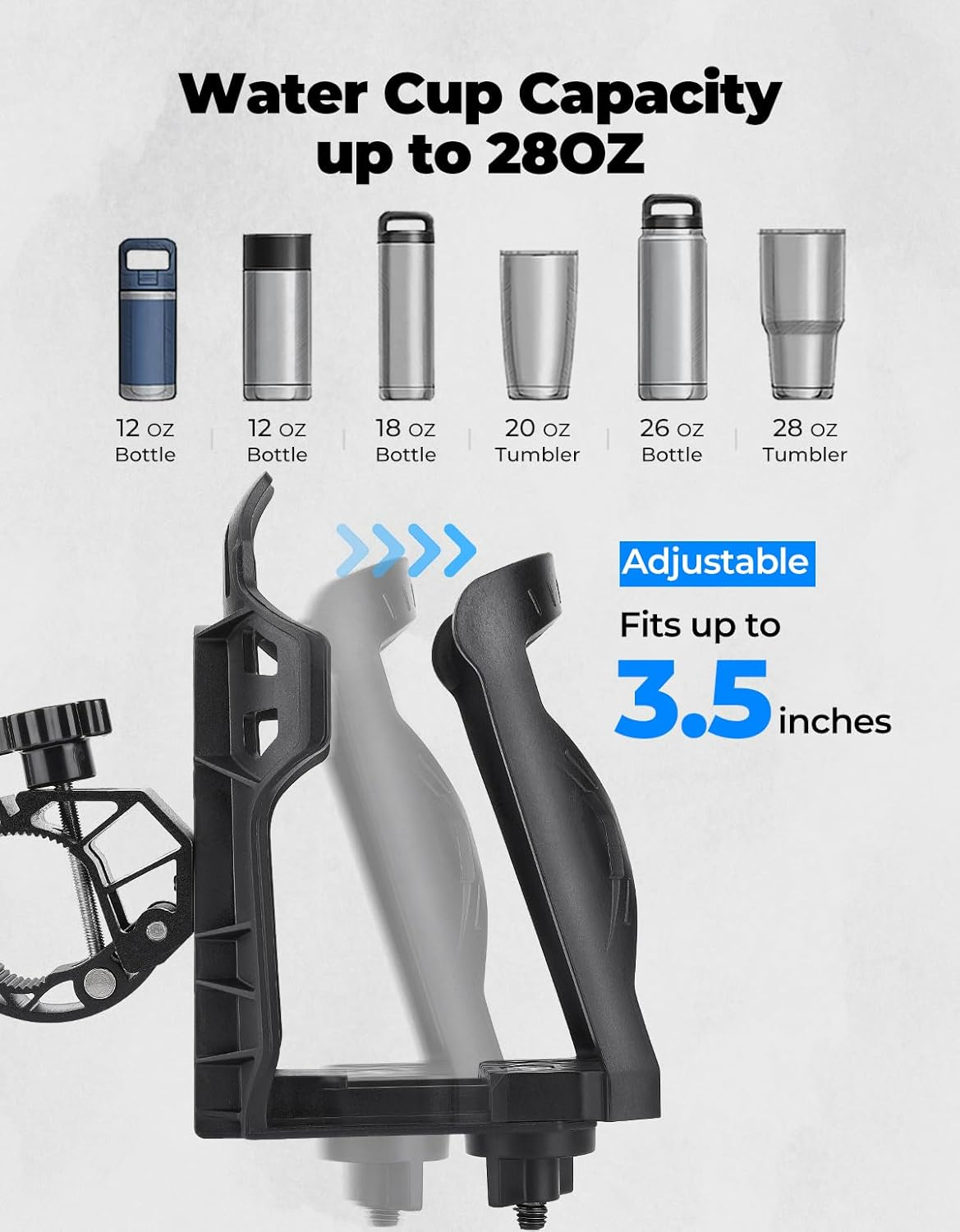 KEMIMOTO Cup Holder 12Oz-28Oz for ATV Motorcycle Scooter Bike Boat Stroller Wheelchair Golf Push Cart Tractor Crocodile Bite Design Drink Holder Water Bottle Holder with 0.6&rdquo;-1.56&rdquo; Strong Metal Clamp image number 3