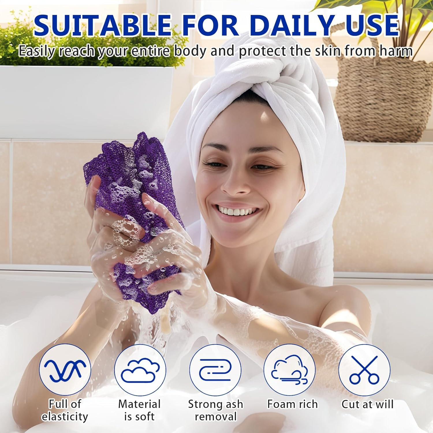 MR.TIMELAG African Net Bath Sponge 2-Pack - Extra Long Exfoliating Bath Towels (Purple + Navy Blue) for Deep Cleansing & Skin Renewal - Premium Mesh Body Scrubber for Men & Women (0.17Kg)