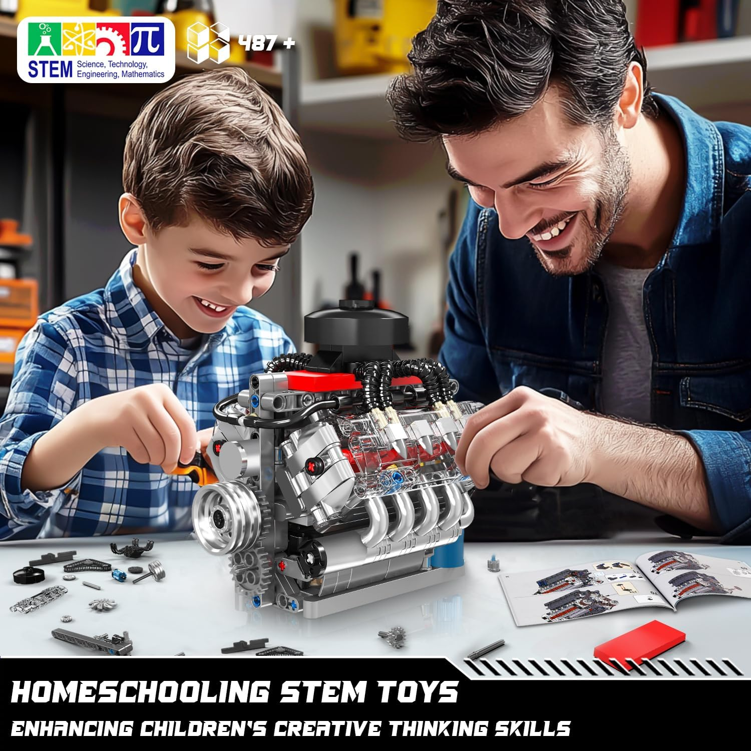 Mould King 10171 Technik V8 Engine Model Building Kit - 487 PCS to Build Your Own Mini Engine That Works - DIY STEM Project for Teens, MOC Hobby Building Blocks Kit for Adults