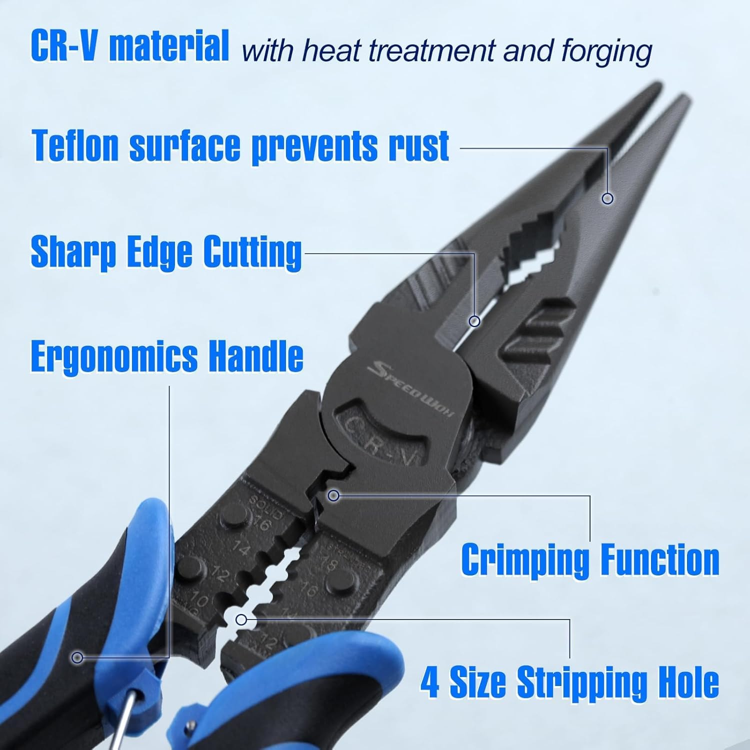 SPEEDWOX 9" Long Needle Nose Pliers with Wire Stripper Crimper Wire Cutters Side Cutters Diagonal Cutters Combination Pliers High-Leverage Plier for Bending Crimping Stripping Twisting Cutting Wires image number 6