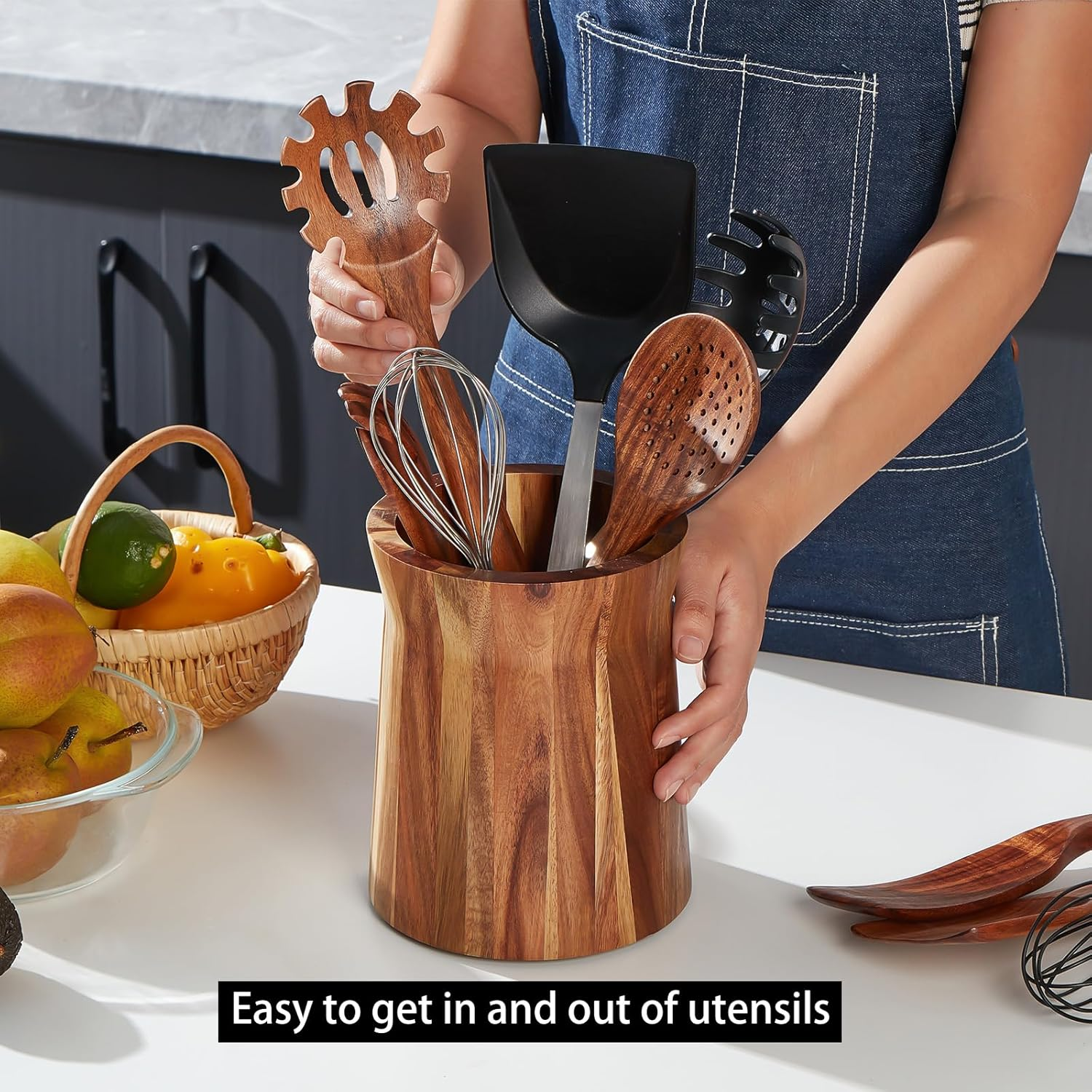 LOHONER Wooden Utensil Holder for Countertop, 360&deg; Rotating Kitchen Utensil Holder, 7.2"X 6" Large Acacia Wood Crock, Farmhouse Kitchen Decor image number 4