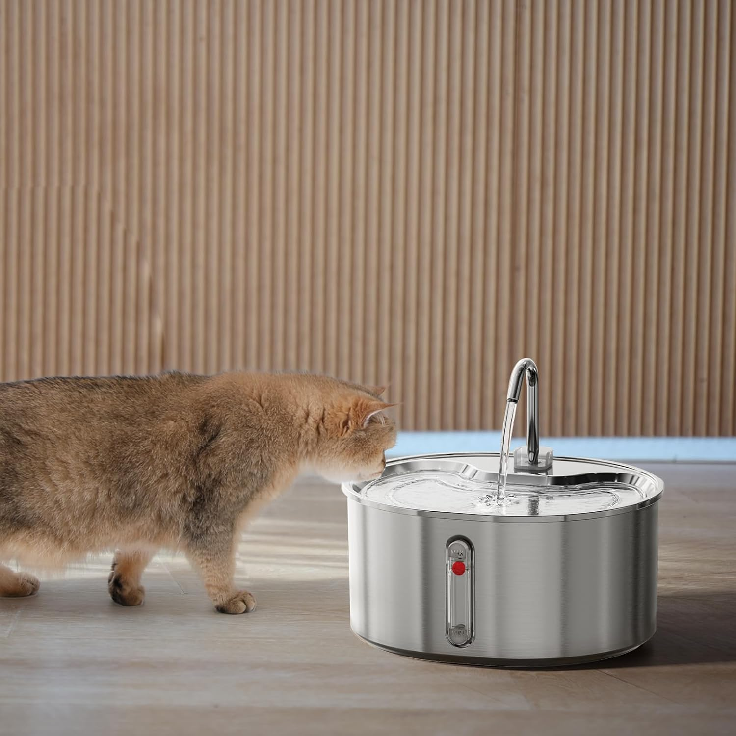FUKUMARU Cat Water Fountain - Stainless Steel, 3.2L Cat Dispenser with Water Level Window, Low Decibel Indoor Cat Fountain for Small Dogs and Multiple Pets
