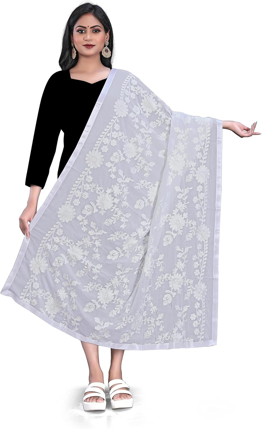 AKSHAR LLC Miss India Women'S Chiffon Dupatta with Heavy Embroidery Work