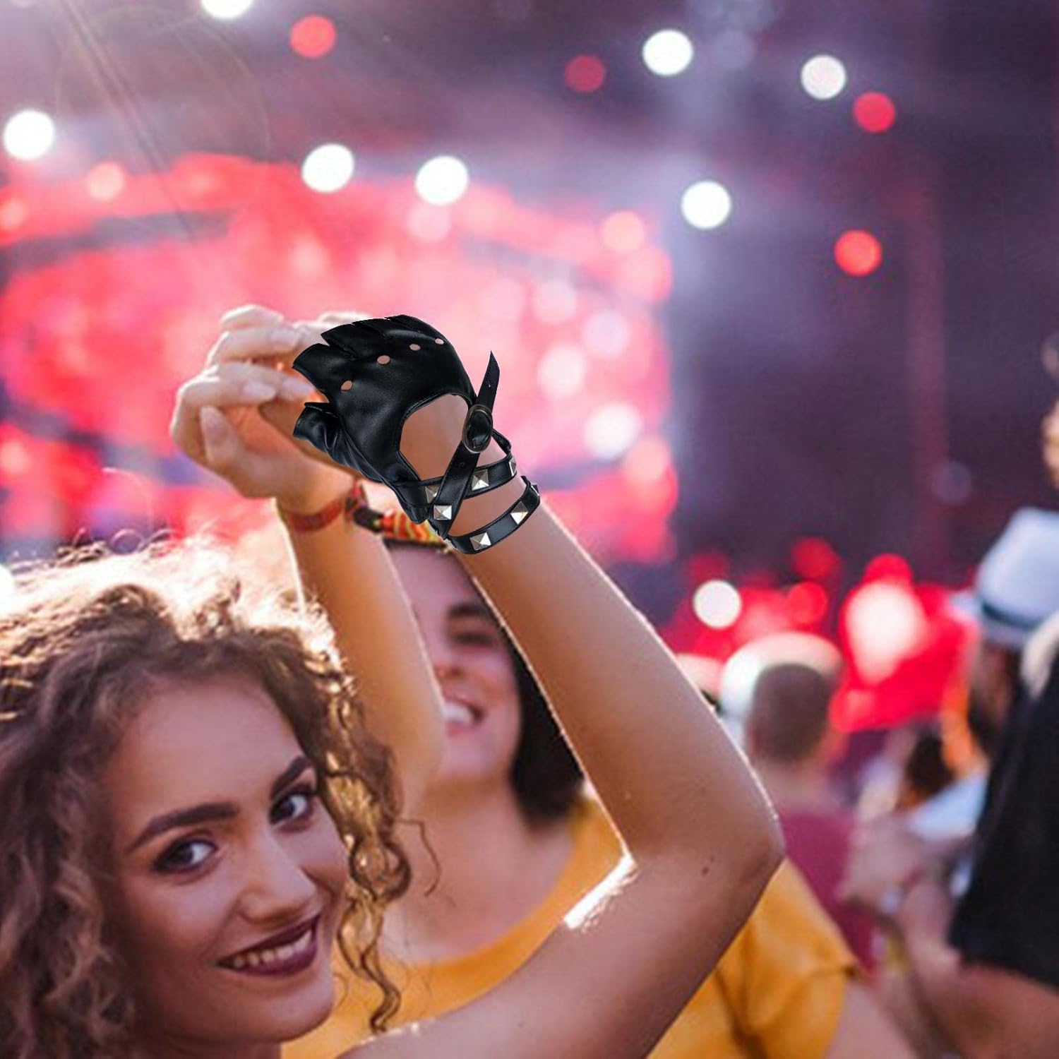 Punk Gloves,Hollow Rivet Fingerless Black Gloves | Kids PU Leather Fingerless Gloves, Outdoor Sports Cycling Cosplay Performance Half Finger Glove for Boys, - Red image number 7