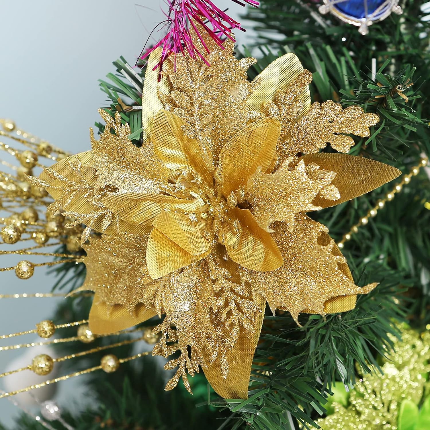 12 Pcs Poinsettia Artificial Christmas Flowers Decorations with Clips and Stems Glitter Christmas Poinsettia Decorations for Xmas Tree Ornaments Winter Party Wreath Decoration (Bright Golden)