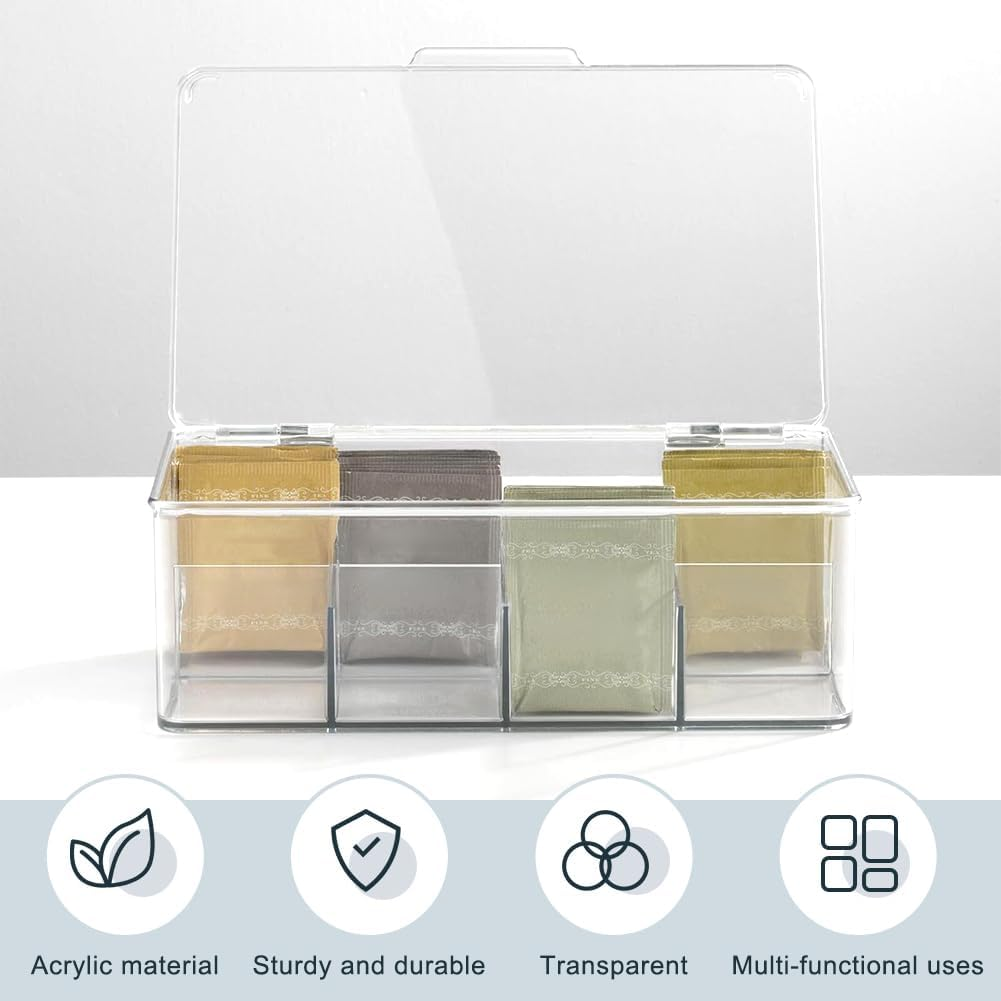 2 Pack Stackable Tea Bag Organizer, 8 Sections Clear Plastic Storage Bin for Coffee Pods, Sugar Packets and Condiments, Space-Saving Kitchen Cabinet and Countertop