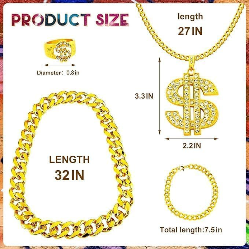 6Pcs Hip Hop Costume Kit, 80S 90S Rapper Costume, Fancy Dress Hippie Fake Chains and Hats for Halloween Party Cosplay Props Rapper Fancy Dress Carnival Accessories image number 1