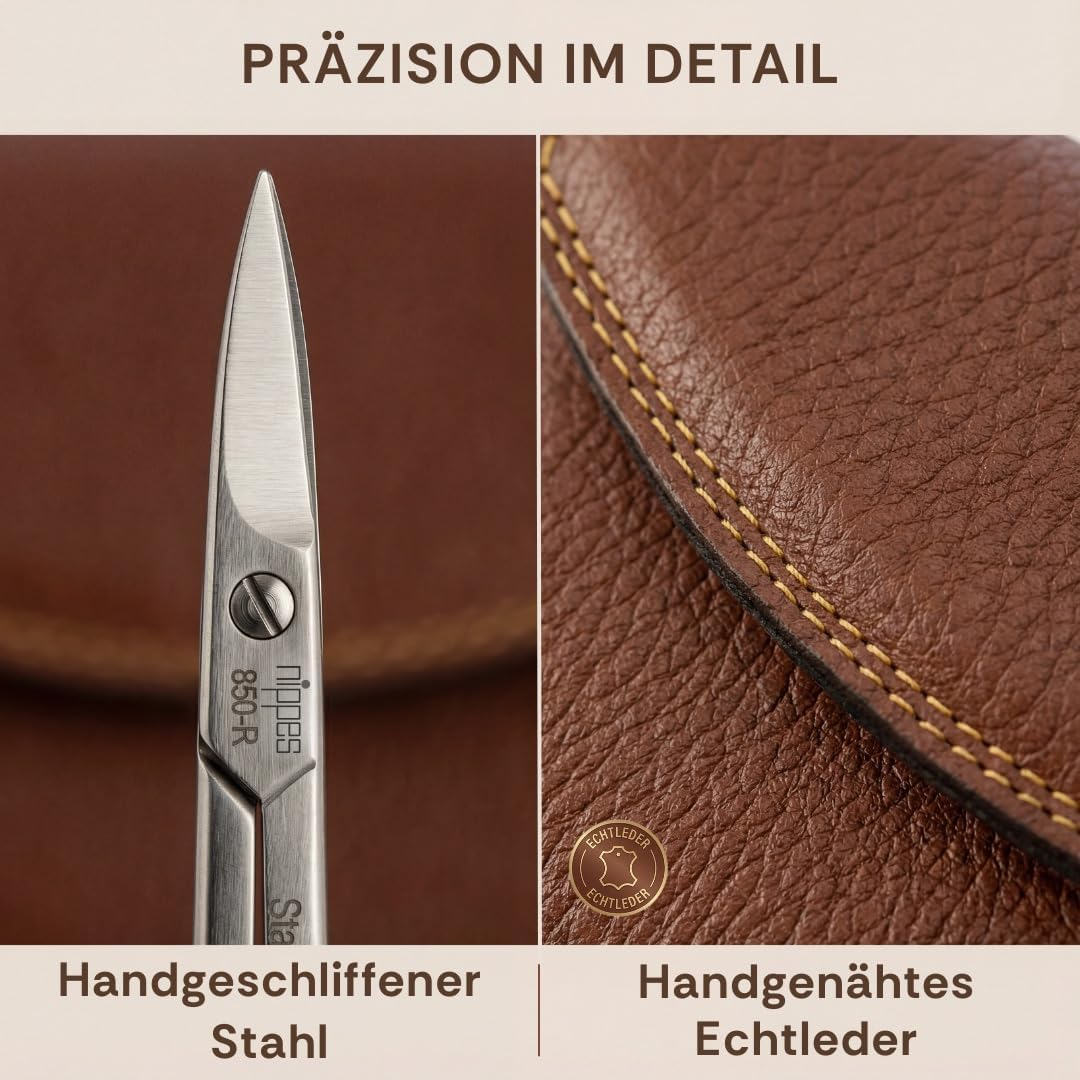 Nippes Solingen Classic Premium Manicure Set, 7 Pieces, Genuine Cowhide Leather Nail Case, Brown, Stainless Steel, Nickel and Rustproof, Nail Set, Nail Care Set, Made in Solingen/Germany image number 4