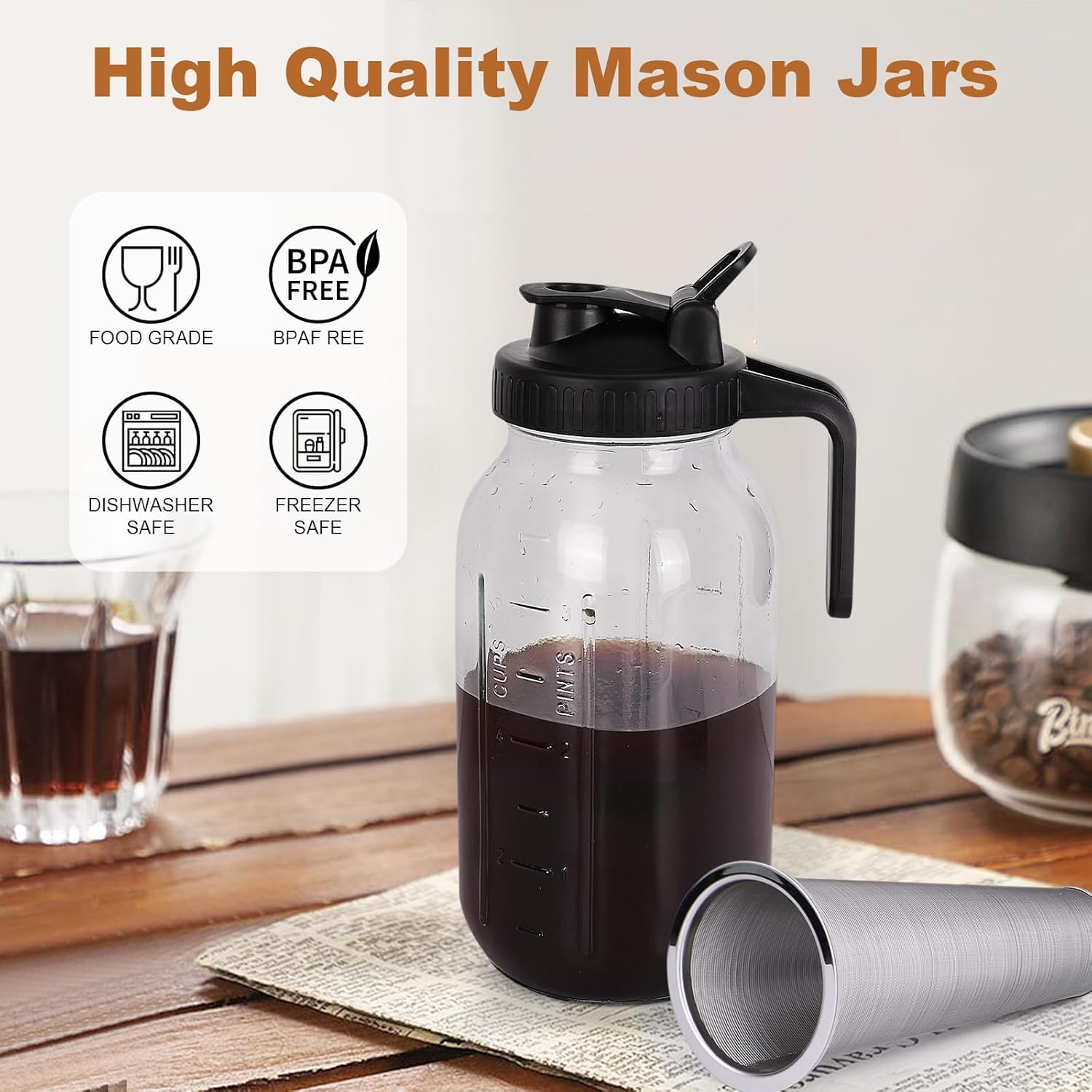 Cold Brew Coffee Maker, 64 Oz Wide Mouth Mason Jar Pitcher with Stainless Steel Filter, Pour Spout Handle Lid, Heavy Duty Glass Airtight (2L) image number 3