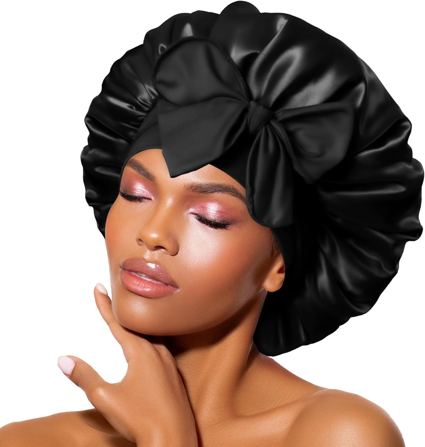 Satin Bonnet Silk Bonnets for Sleeping Double Layer Satin Lined Hair Bonnet with Tie Band Curly Hair Black image number 3