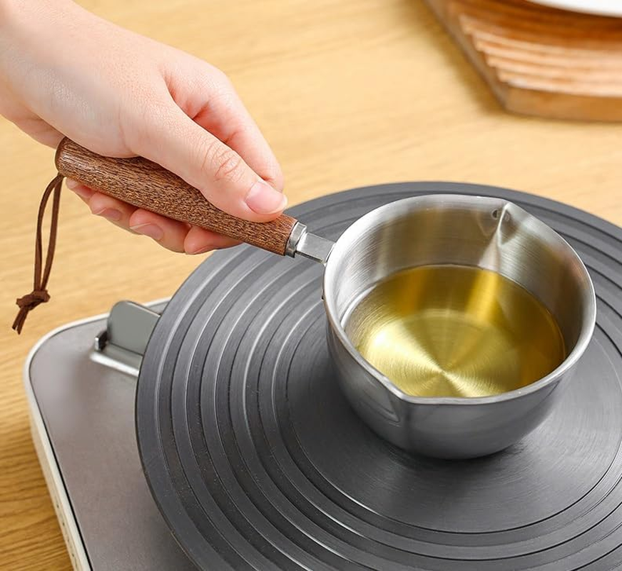Mini Milk Warmer Pot,Butter Warmer Pot Coffee Pot Milk Pan Sauce Pan Stainless Steel Small Milk Saucepan with Wood Handle,Small Pots for Soup/Chocolate/Tea/Coffee Warming,1Pcs (Silvery, 120Ml)