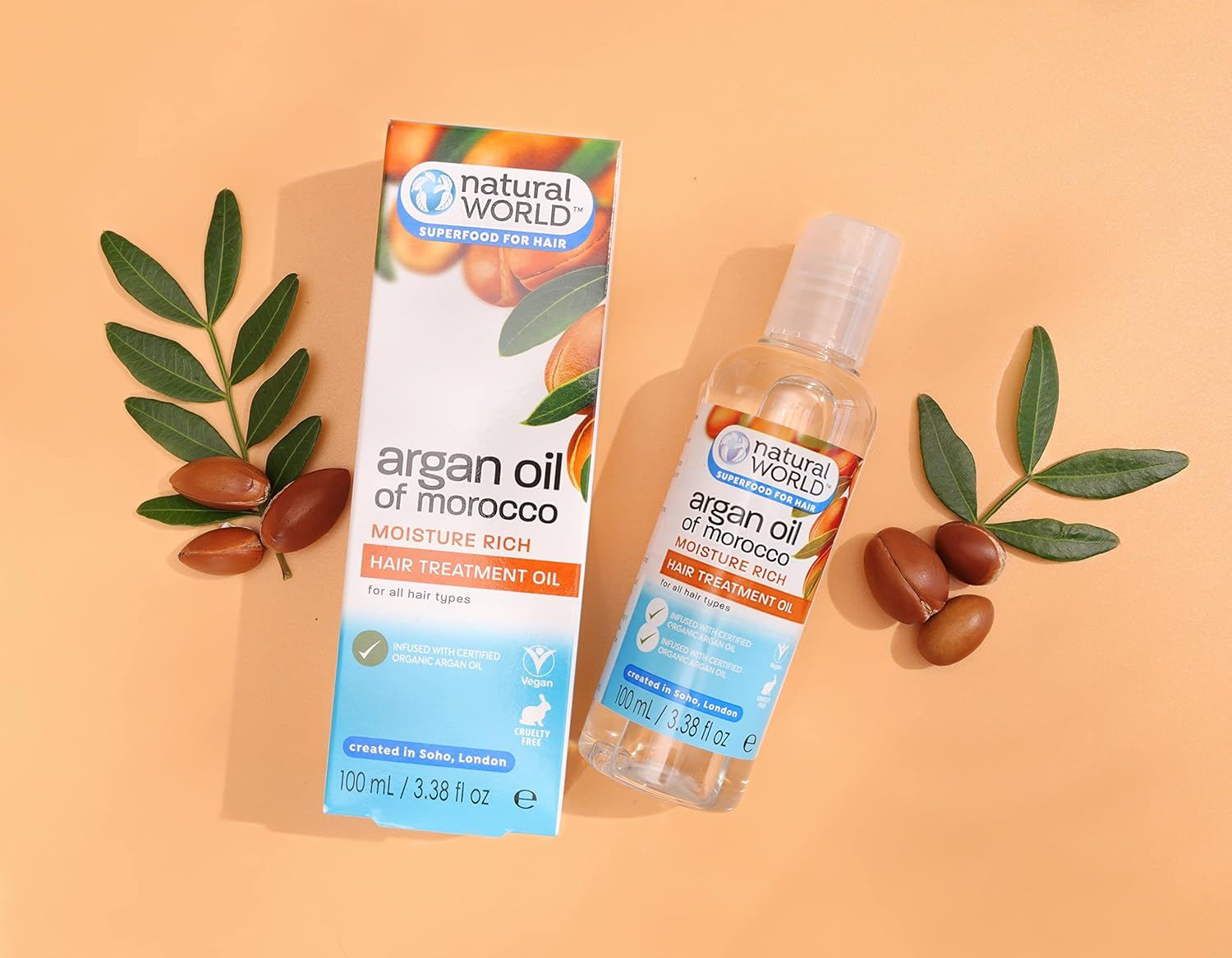 Natural World Argan Oil of Morocco Moisture Rich Hair Treatment Oil (100Ml) - for All Hair Types. Infused with Certified Organic Argan Oil. Cruelty Free & Vegan Friendly. Superfood for Hair image number 2