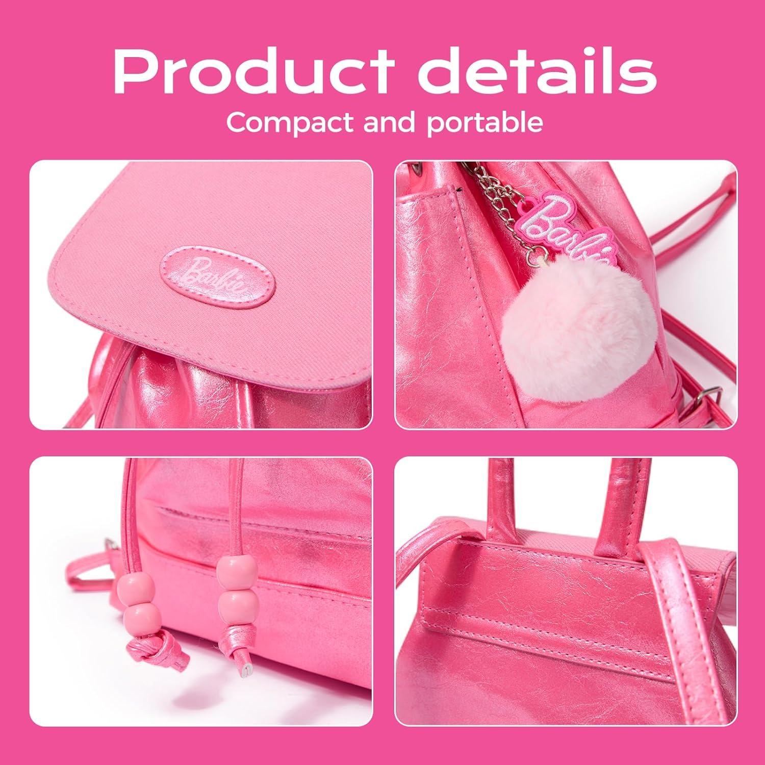 MINISO Barbie Mini Backpack for Women & Girls, Leather Pink Purse with Adjustable Straps, Cute Doll-Themed Bookbag Daypacks for School, Travel, Cosplay, Giftable Fashion Accessory image number 3