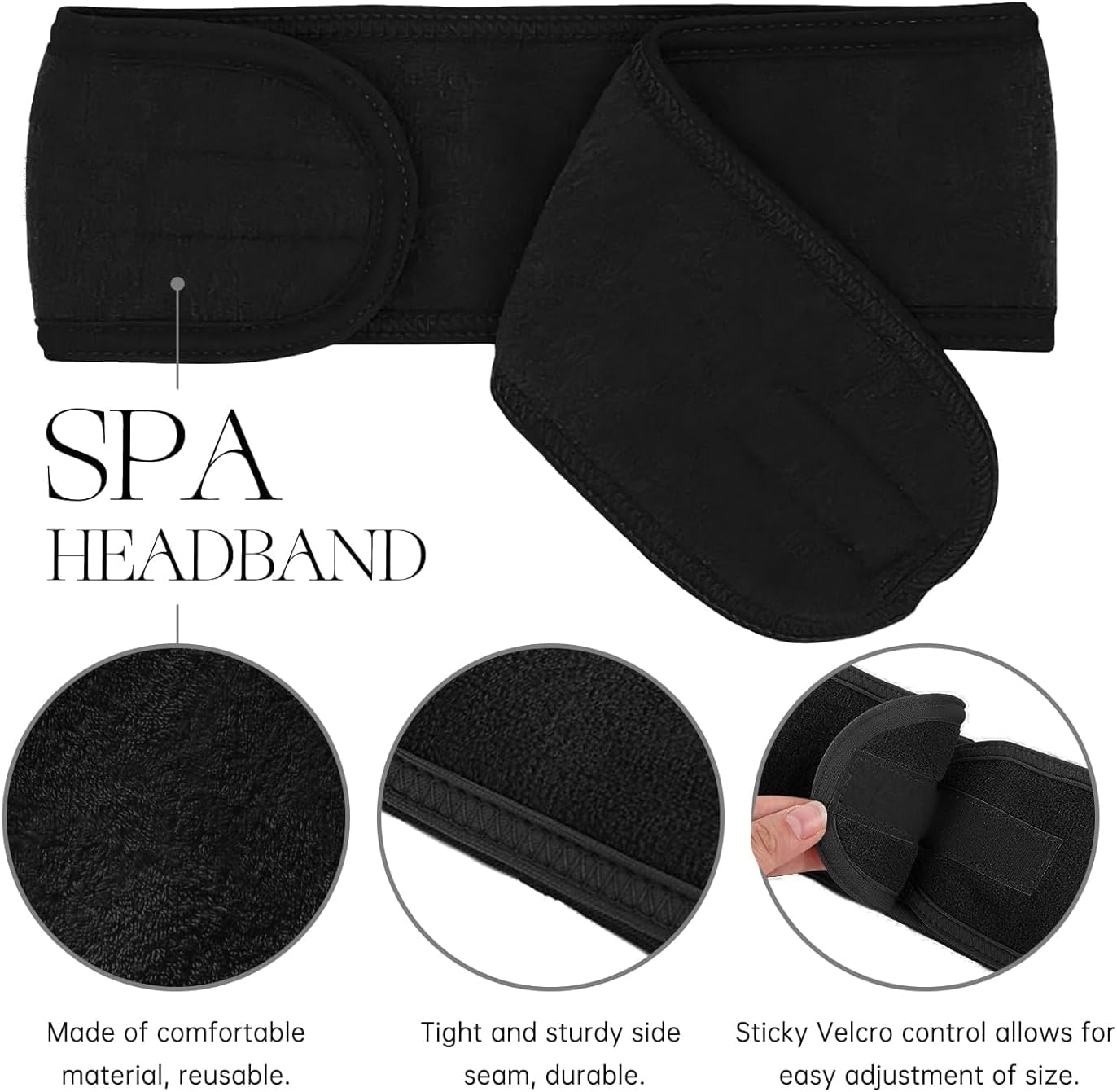 3 Pack Spa Headbands &ndash; Adjustable Skincare & Facial Head Wrap with Non-Slip Tape, Soft Terry Cloth Headband for Washing Face, Makeup, Shower, Yoga & Gym (Black, White, Grey) image number 2