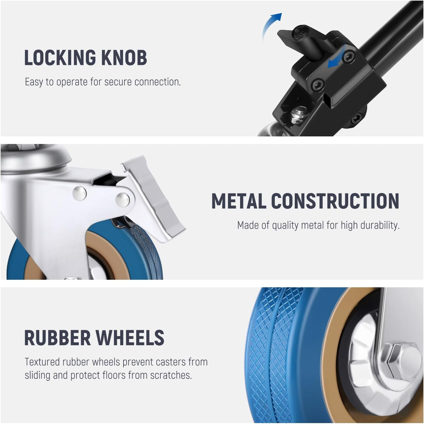 NEEWER 3 Pack Professional Swivel Caster Wheels, Nonslip 360&deg; Rotation Rubber Wheel with Rugged Iron Foot Brake Lock Only for Heavy Duty Light Stand with &Oslash;0.9/22Mm Legs, NOT for C Stands, ST001 image number 6