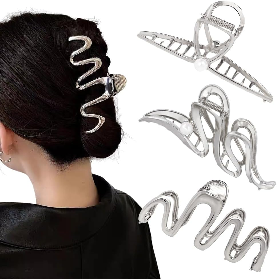 3 Pack Hair Claw Clips for Thick Long Hair, Silver Metal Wave Cross with Peal Big Jaw Clamps Hair Accessories for Women, Fashion Elegant Aesthetics Variety Hairgrip Styling Tools image number 4